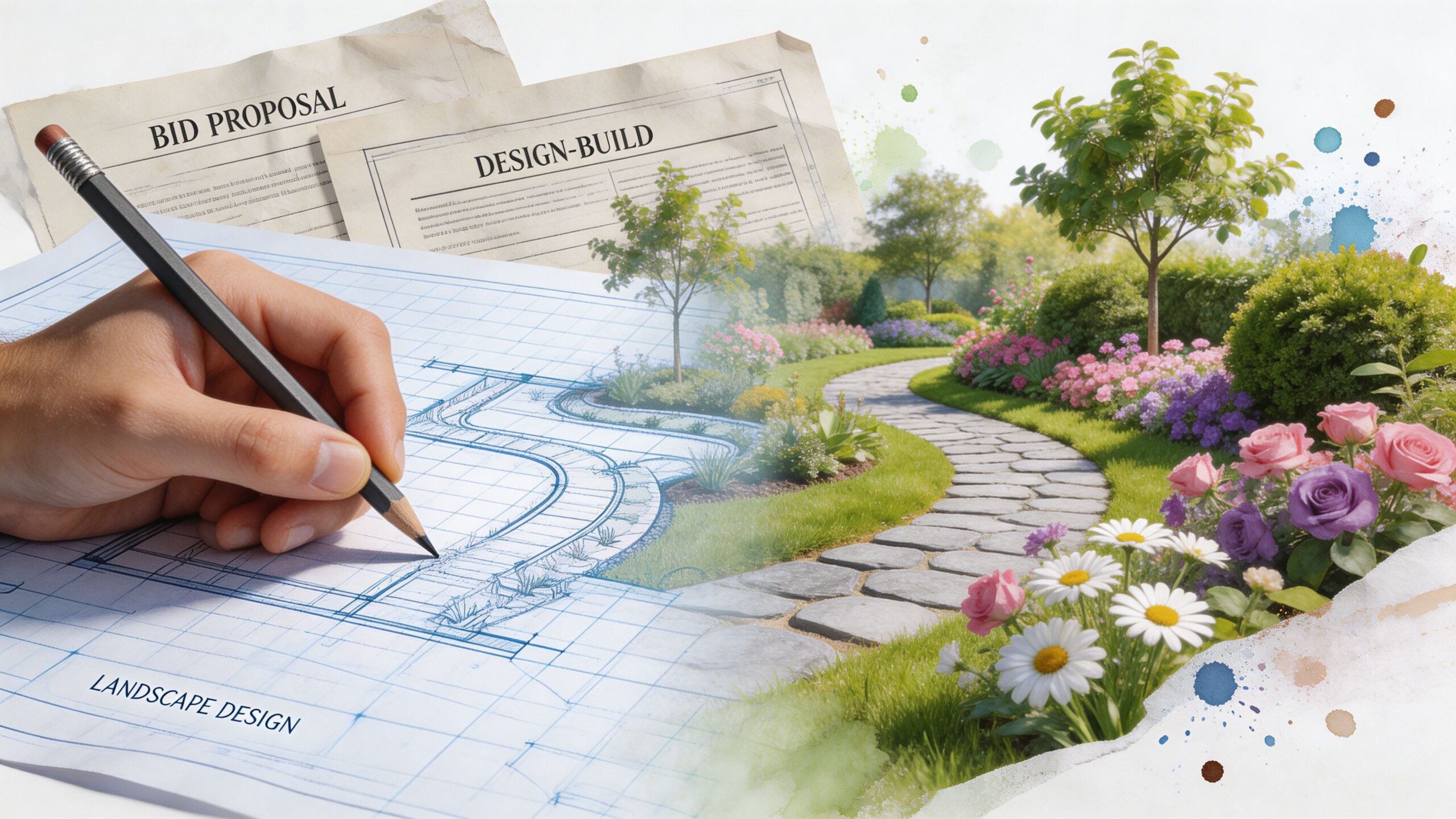 A hand drawing a landscape design plan showing a transition from blueprint to a finished garden.