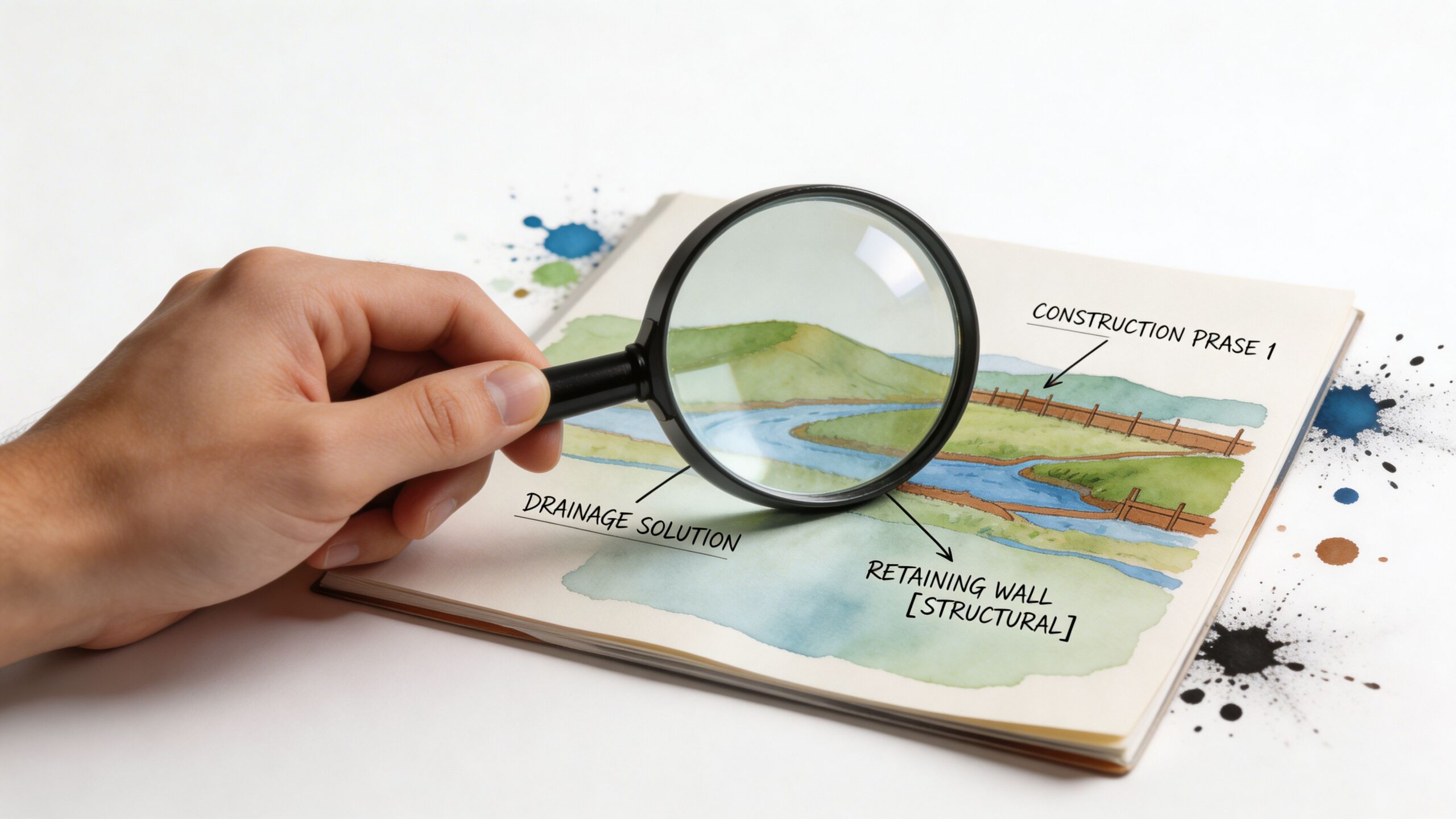 A hand holding a magnifying glass over a watercolor landscape design plan for structural landscaping improvements.