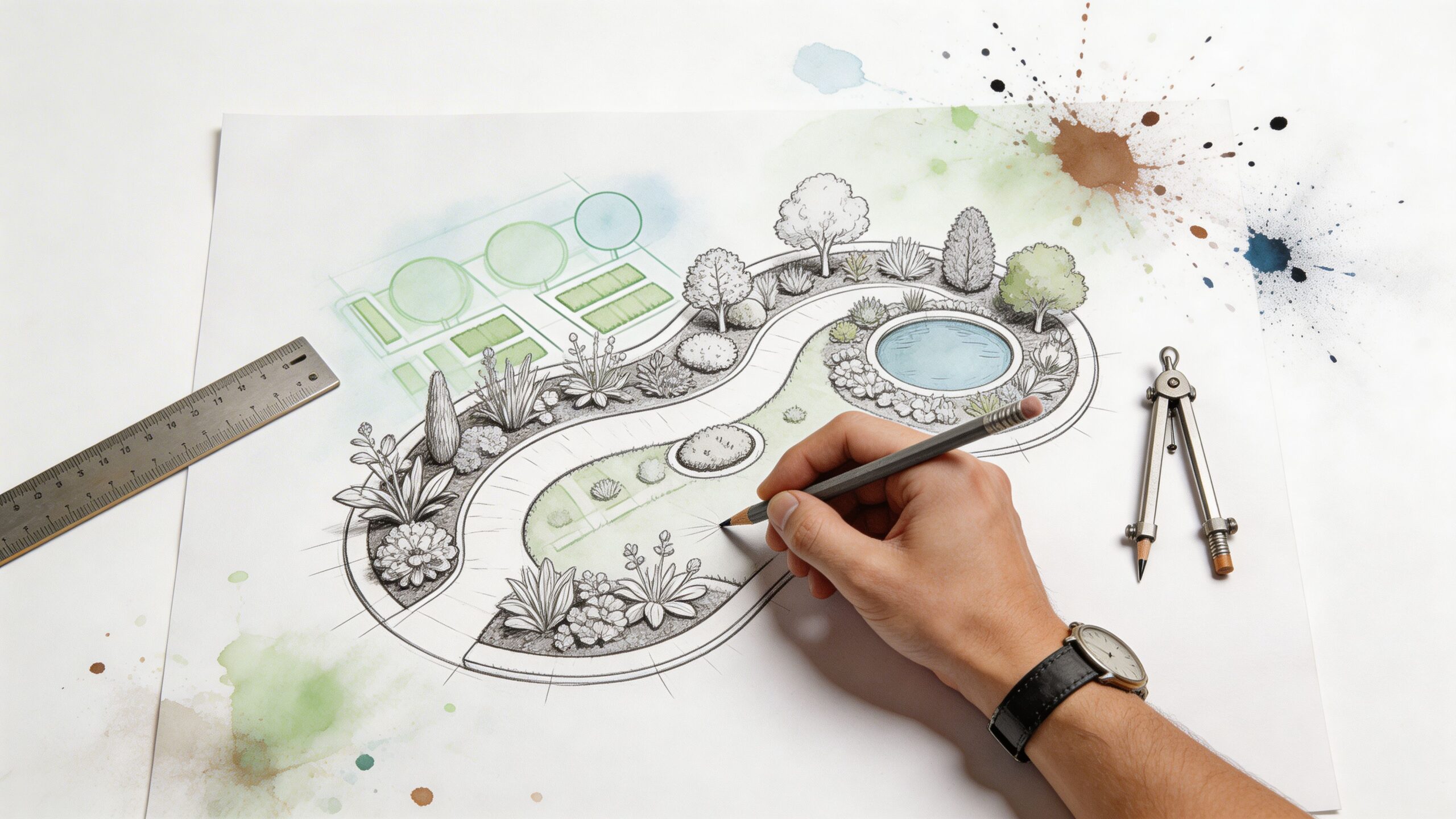 A landscape architect draws a detailed garden plan on paper using a pencil, ruler, and drafting compass.