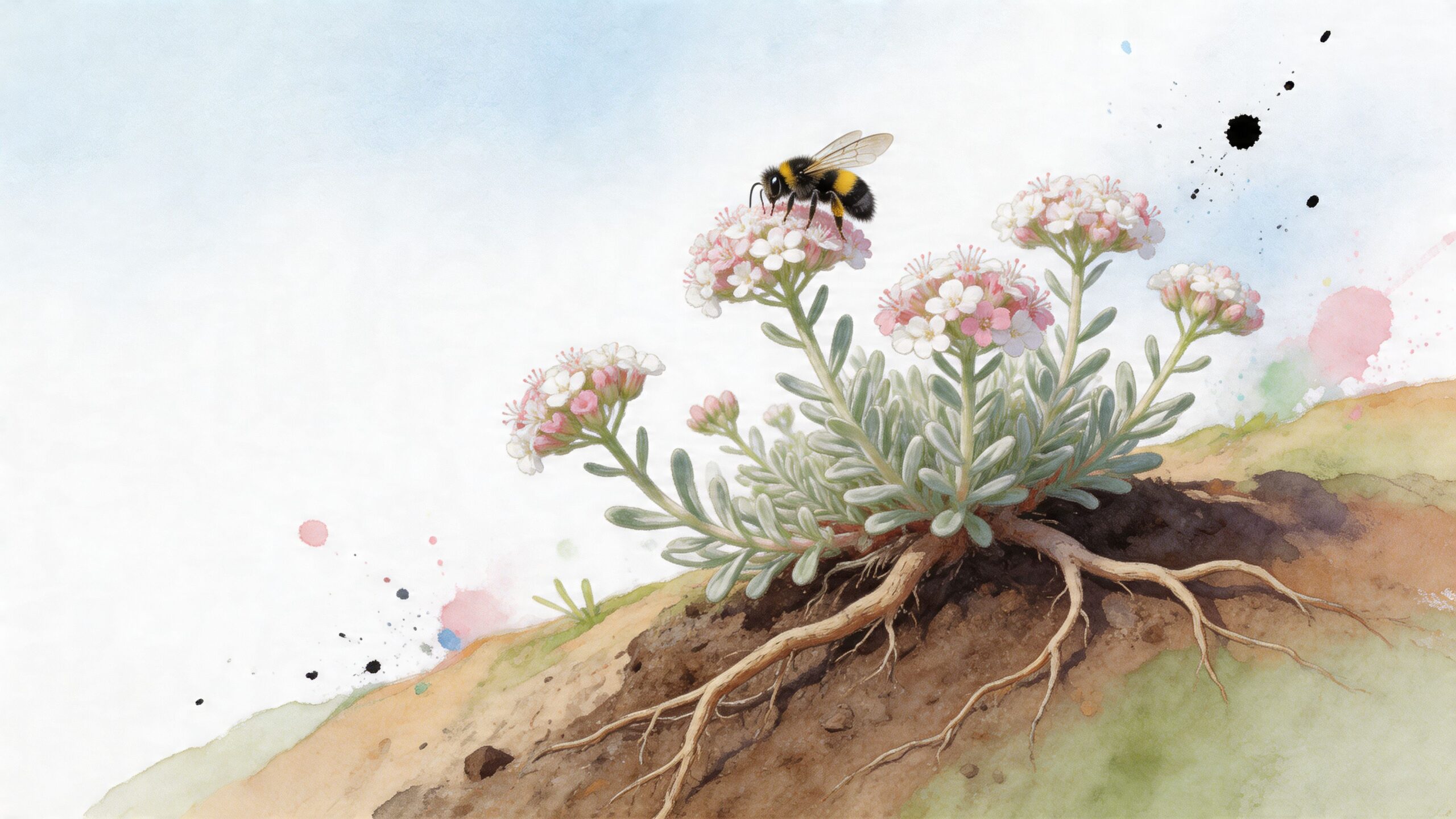 A detailed watercolor painting of a flowering plant with visible roots growing on a dirt slope.