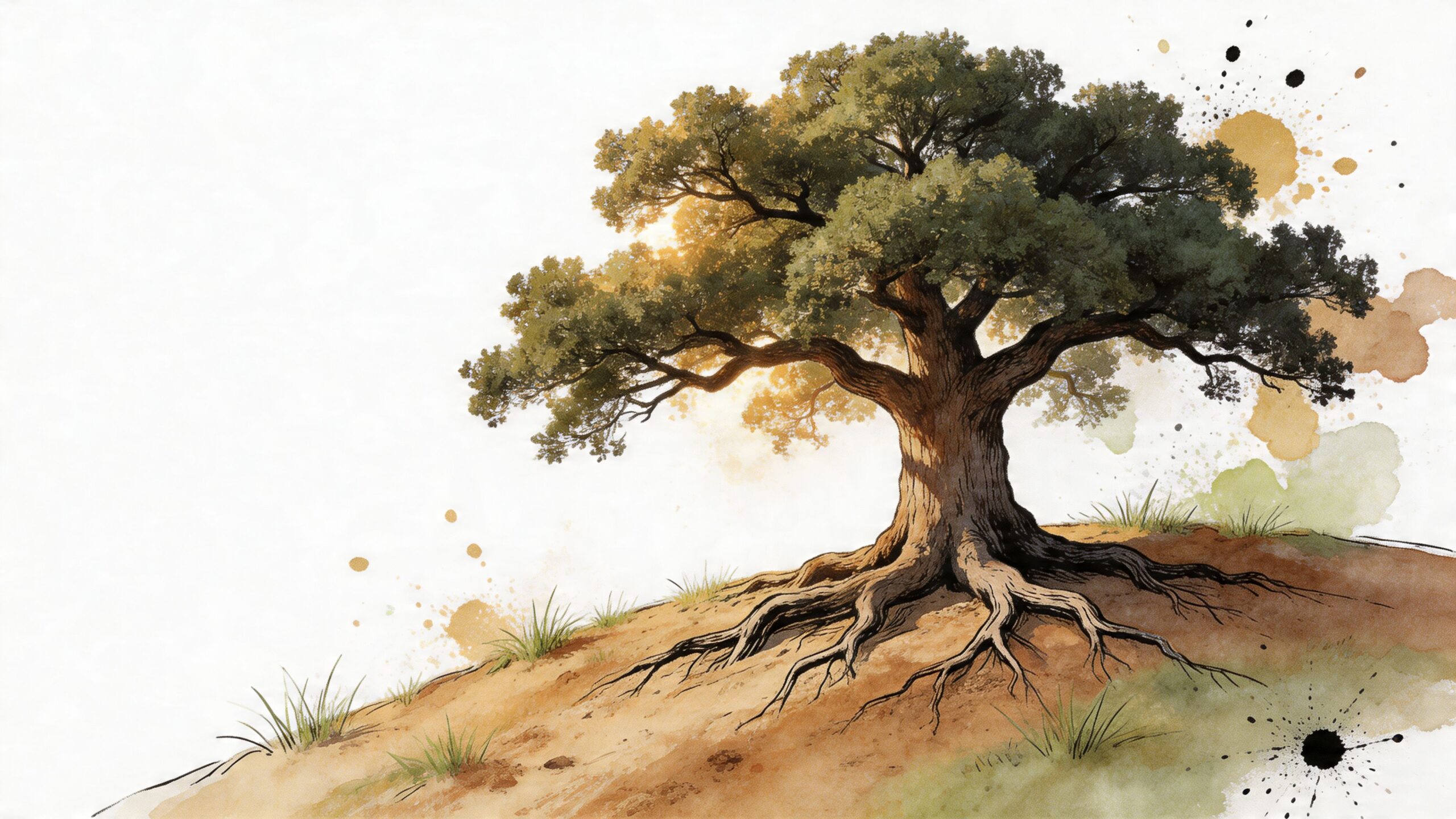 A watercolor illustration of a sturdy oak tree with exposed roots on a grassy hillside slope.