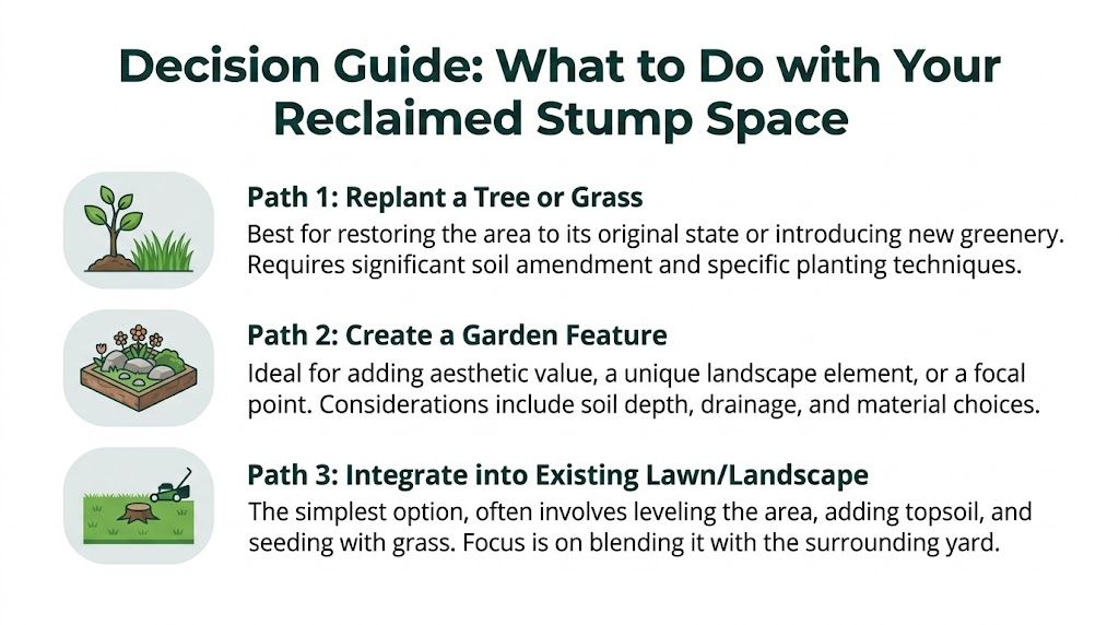 A decision guide infographic illustrating three options for landscaping a space after tree stump removal.