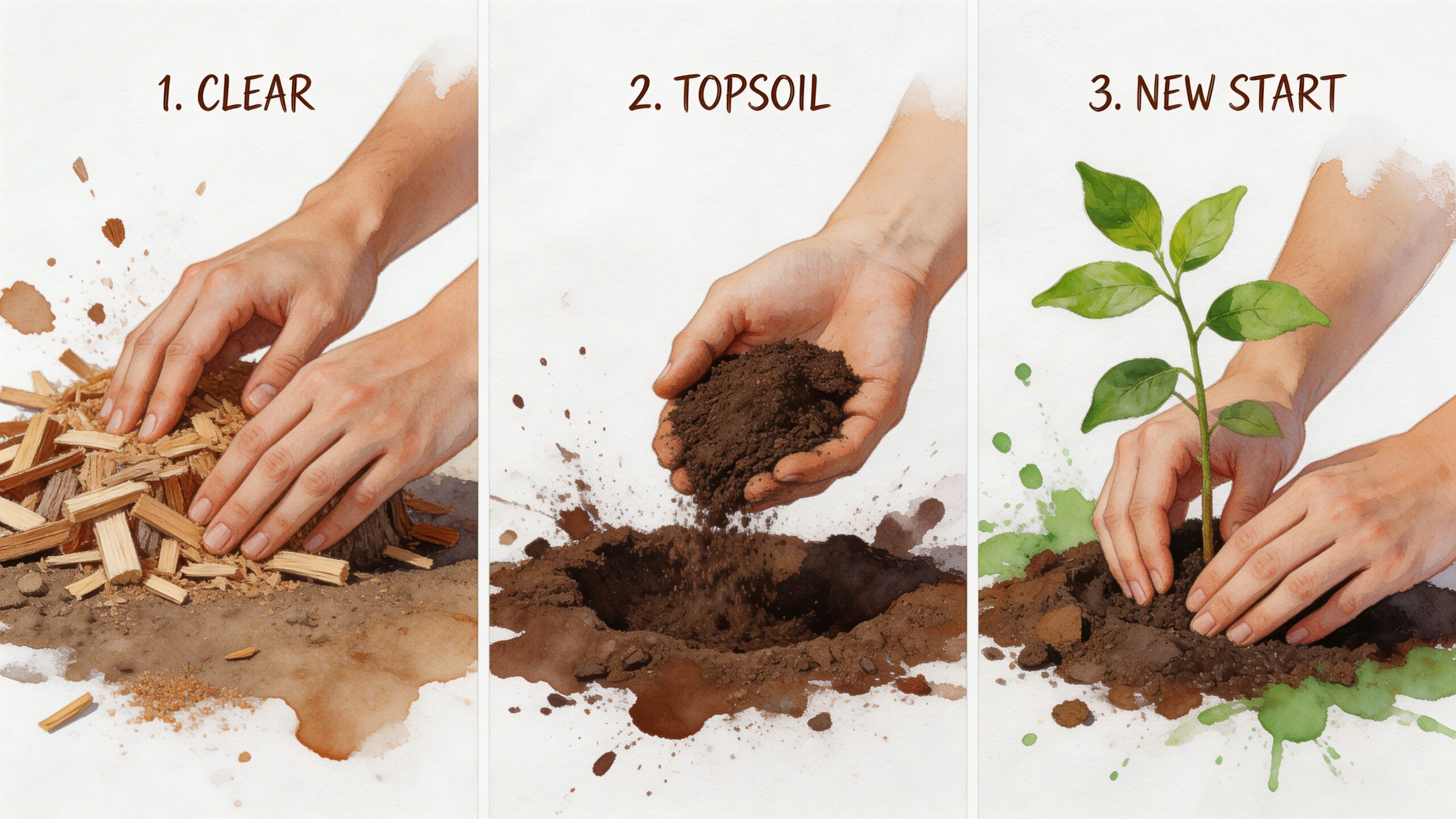 Three-step illustration showing clearing wood chips, adding topsoil, and planting a new tree in the ground.