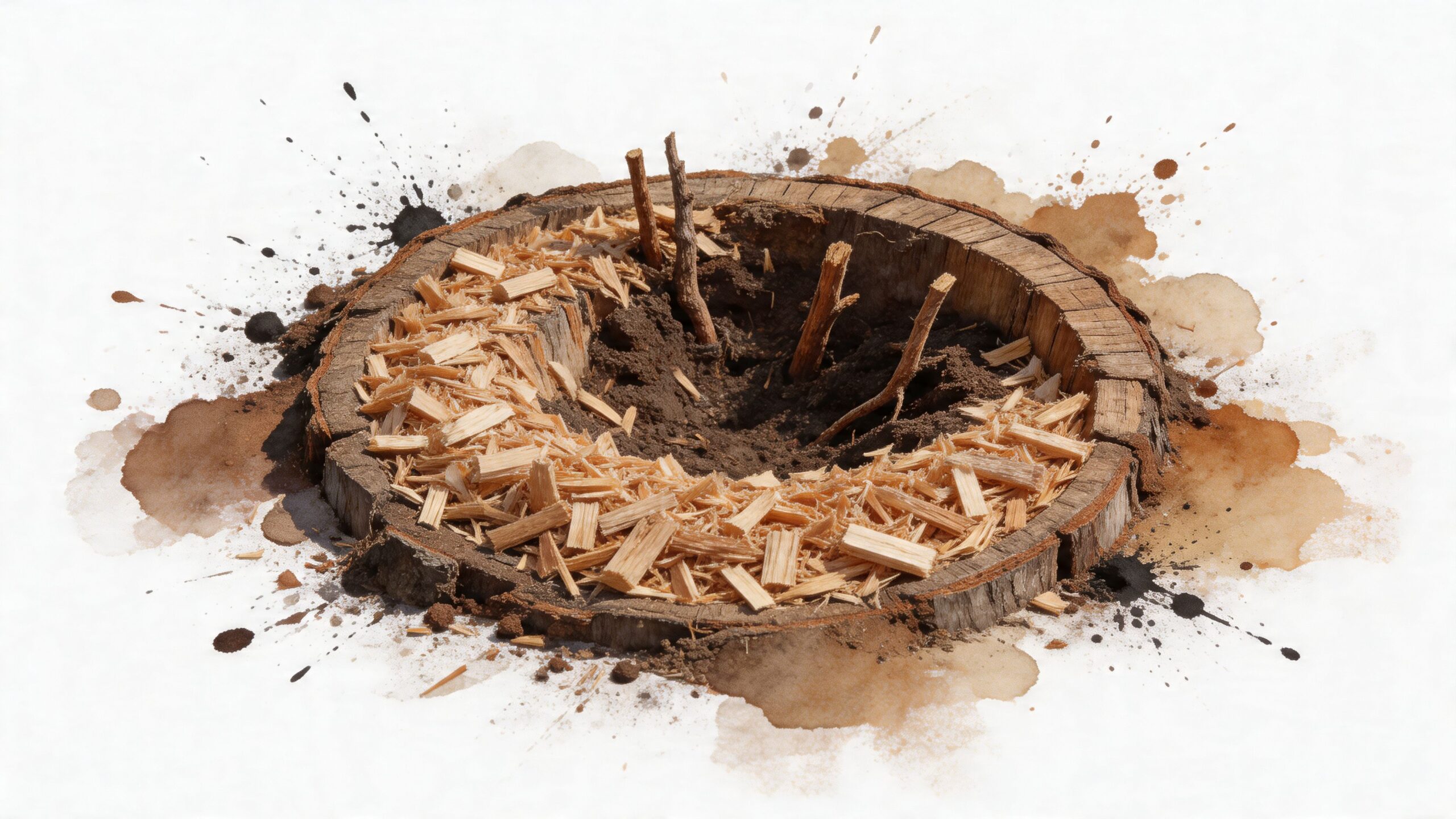 A ground tree stump showing wood chips surrounding a central patch of dirt with small twigs