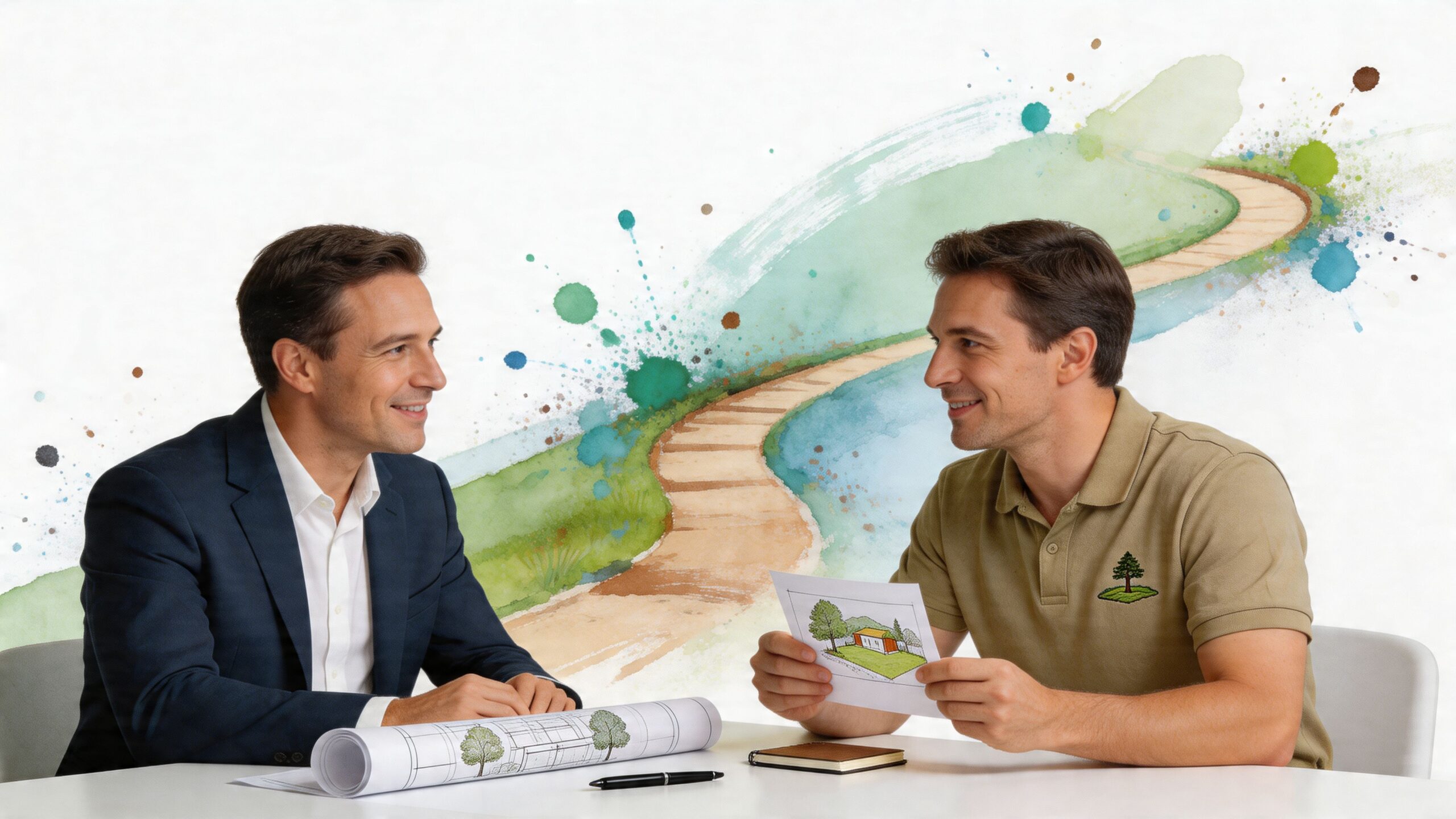 A professional man in a suit consults with a landscaper about a project design and landscape blueprints.