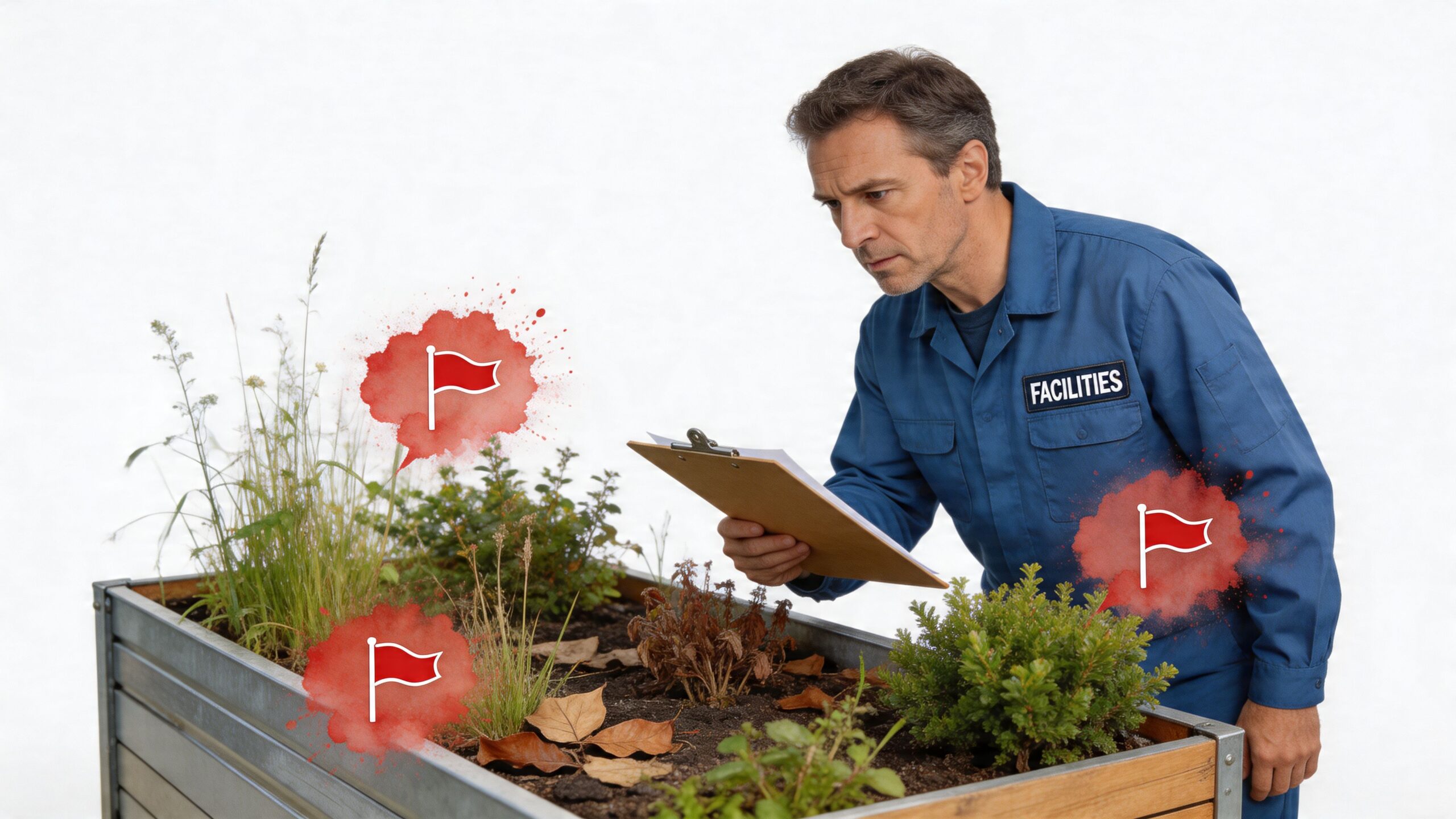 A professional facilities worker inspecting the health of plants in a raised commercial garden bed.