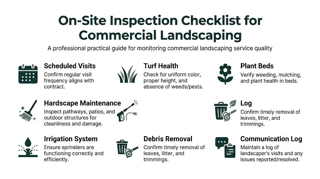 A professional checklist for monitoring commercial landscaping service quality, covering maintenance tasks for turf, plants, and hardscapes.