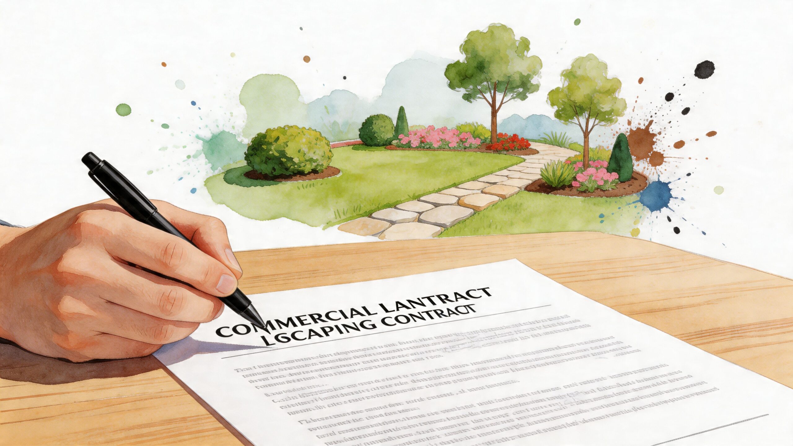 A hand signing a professional commercial landscaping contract on a wooden table with a garden illustration.