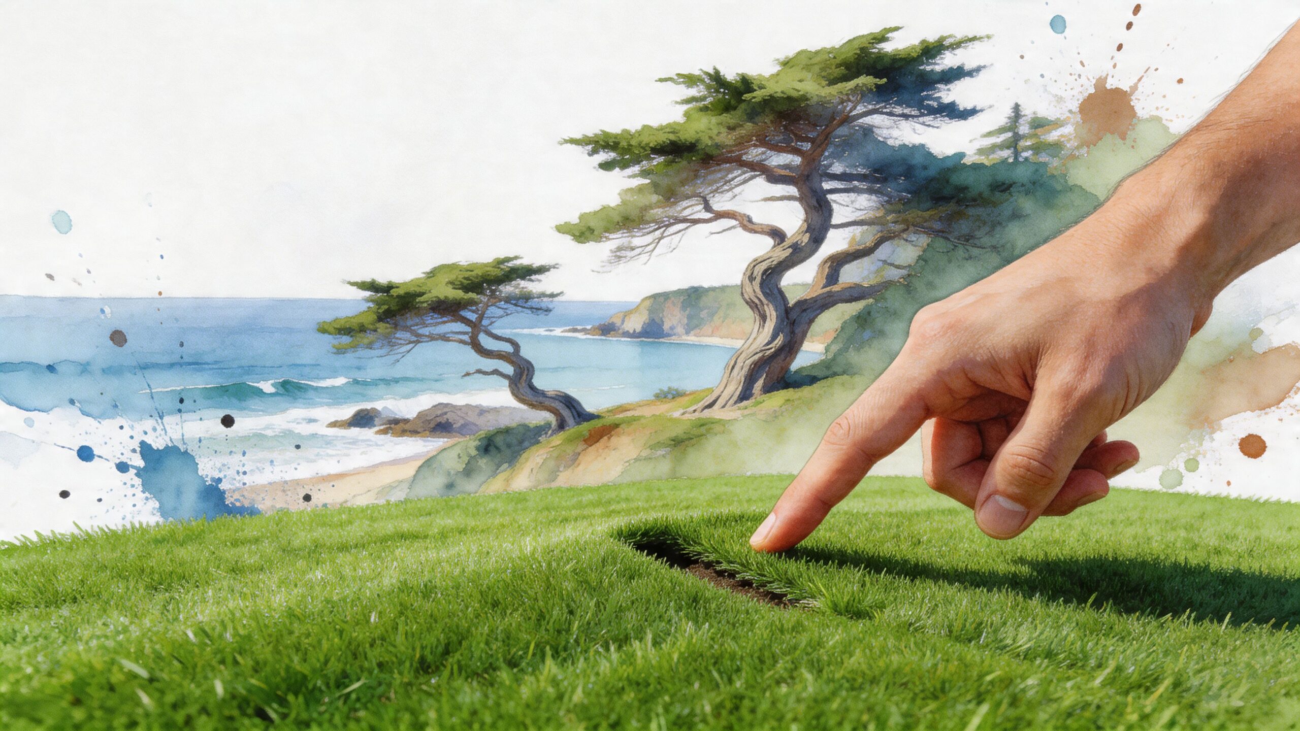 A human finger touches the edge of a section of artificial turf against a coastal landscape background.