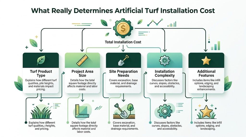 A flowchart infographic outlining the key factors that determine the total cost of artificial turf installation.
