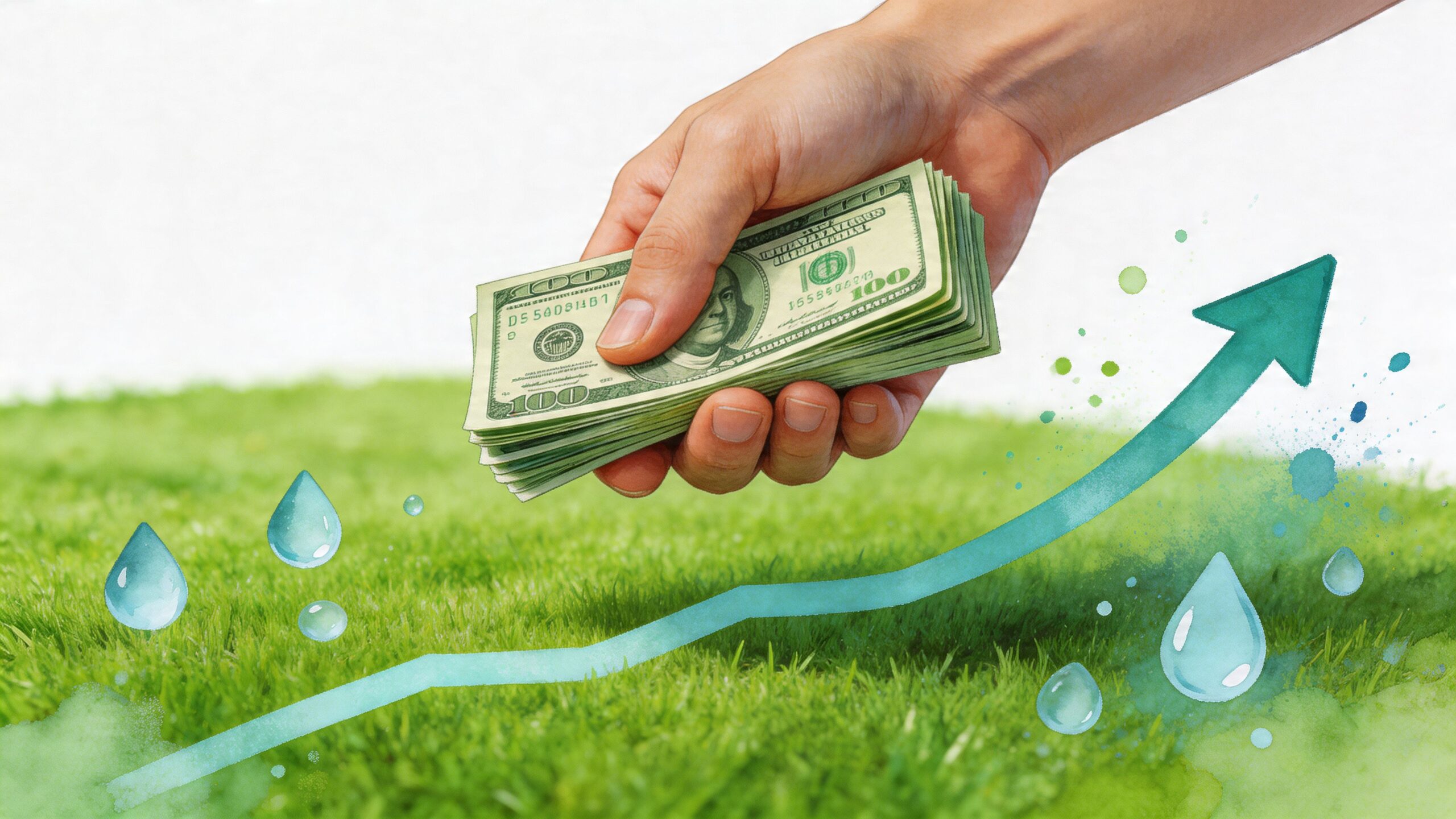 A hand holding a stack of hundred dollar bills over a green field with rising growth arrows.