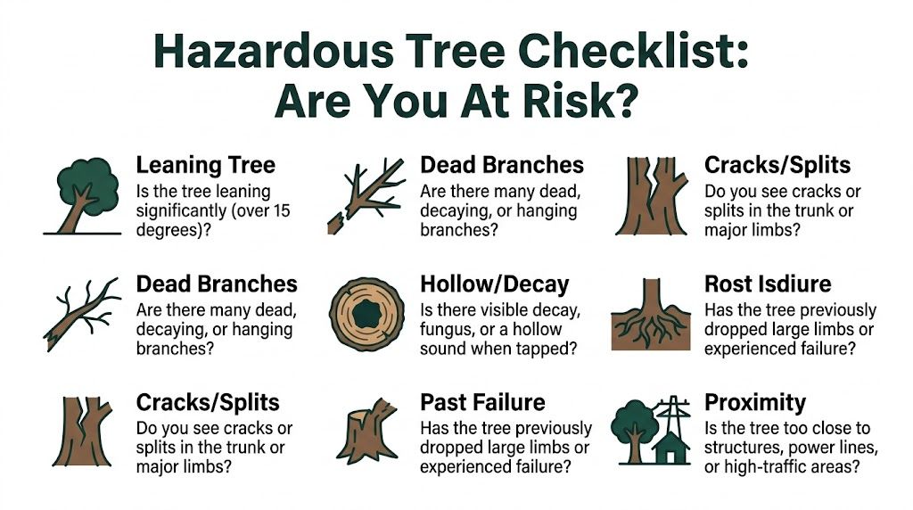 A checklist infographic illustrating common hazardous tree symptoms like leaning, cracks, dead branches, and proximity issues.