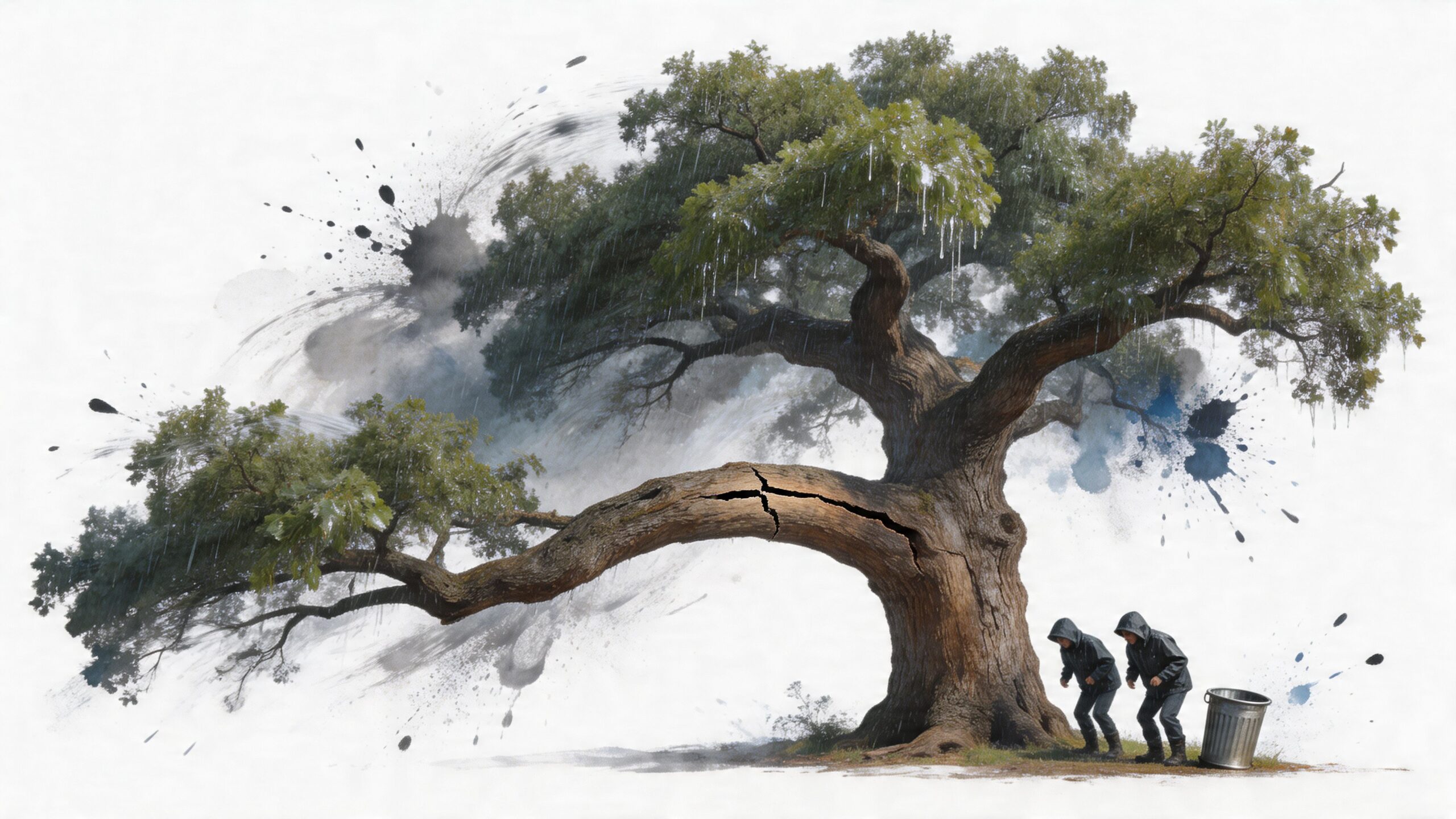A split oak tree stands in a rainstorm with two hooded figures walking near a trash can.