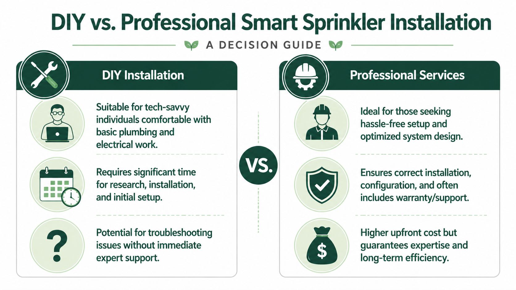 A comparison infographic showing the pros and cons of DIY versus professional smart sprinkler system installation.