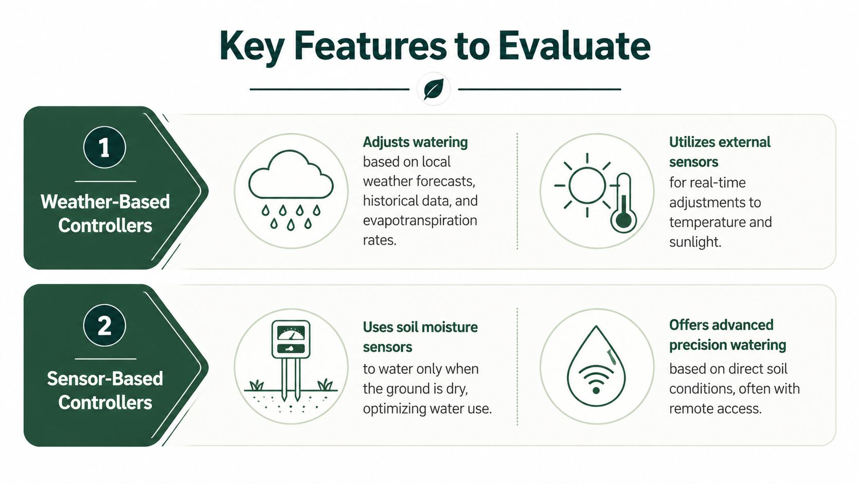 An infographic titled Key Features to Evaluate comparing weather-based and sensor-based smart sprinkler system controller technologies.