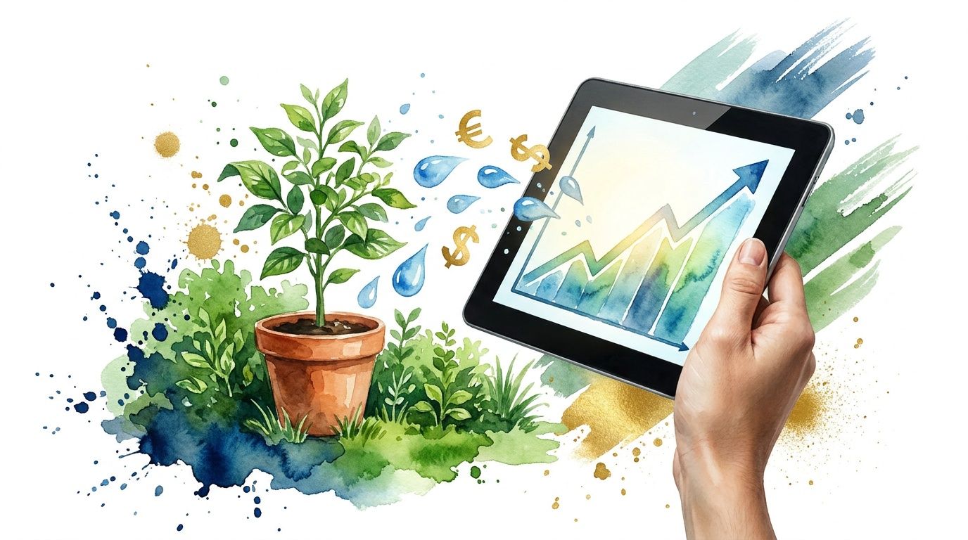 A hand holding a tablet displaying a growth chart, with digital water and currency symbols nourishing a plant.