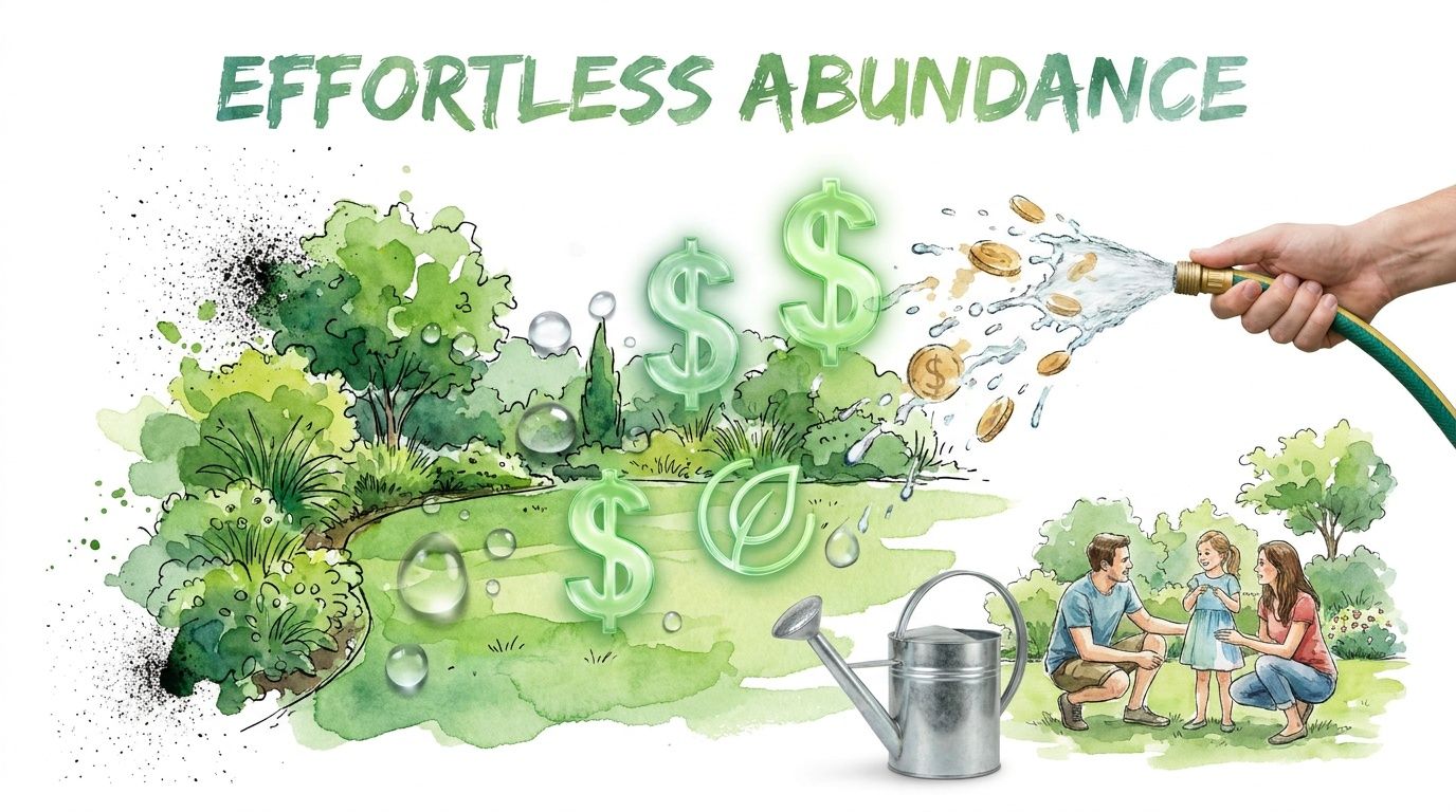 A conceptual illustration showing a hand watering a lush green landscape with golden coins and dollar signs.
