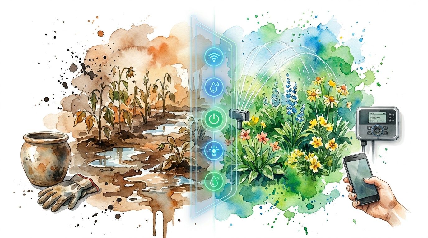 A split watercolor illustration contrasting a neglected, dried-up garden with a vibrant, automated smart sprinkler system.