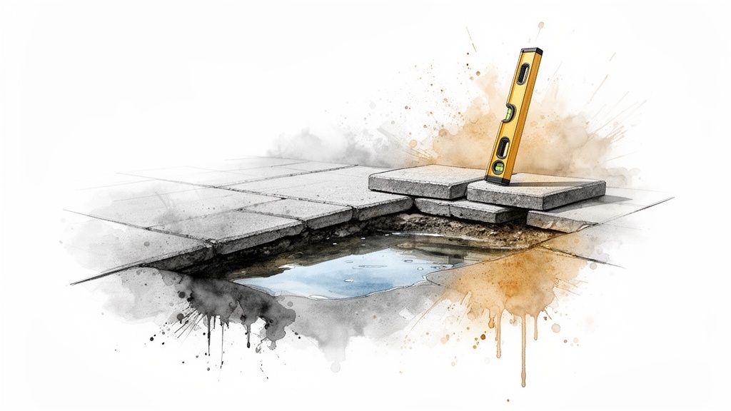 Watercolor sketch of a poorly laid patio with a water-filled hole and a spirit level.