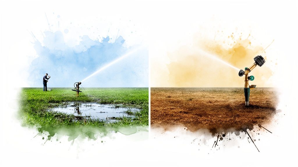 A split image shows a lush green, overwatered yard and a dry, brown yard with sprinklers.