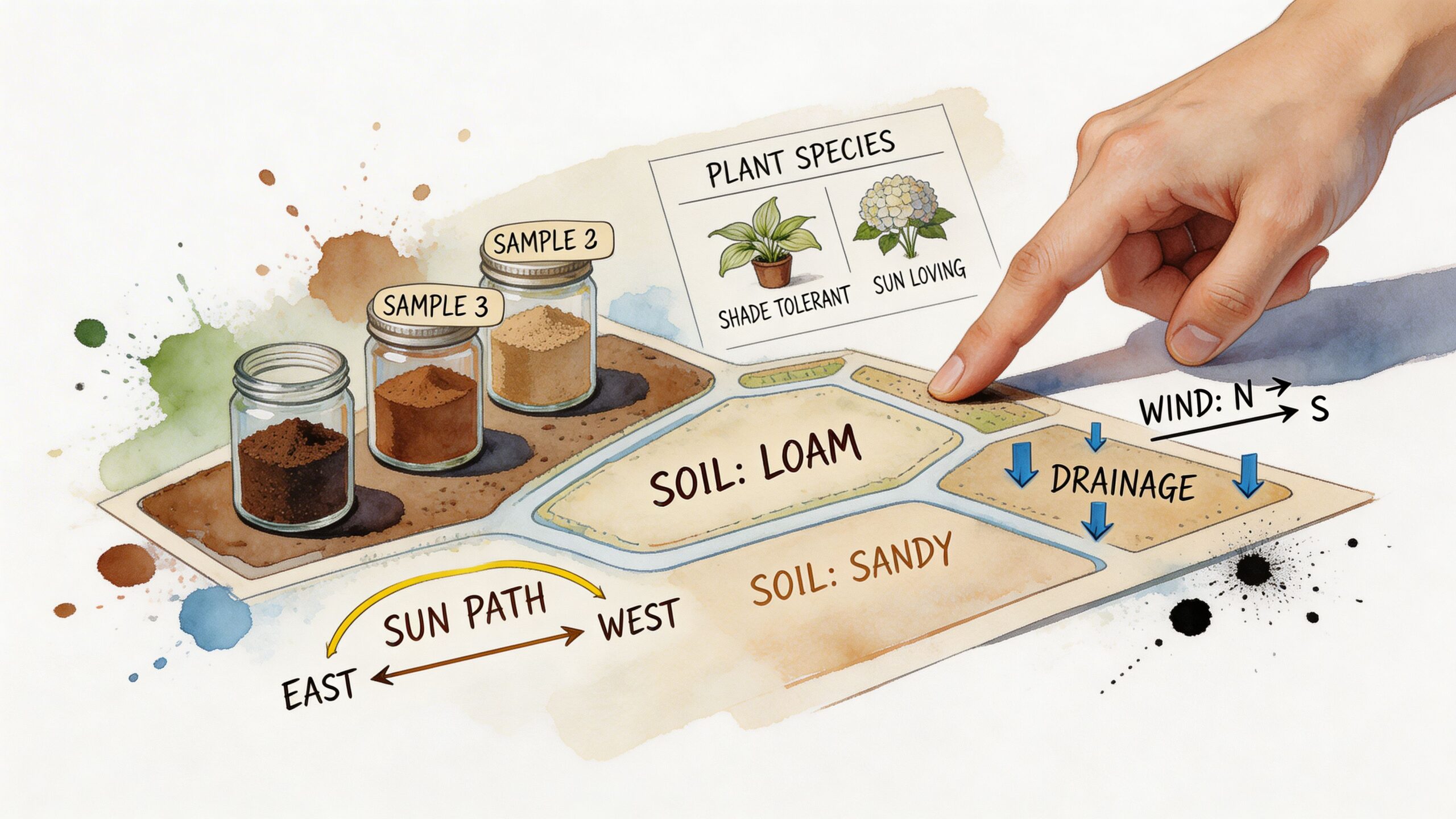 A hand points to a garden plan featuring soil samples, plant species, and environmental factors like sun and drainage.