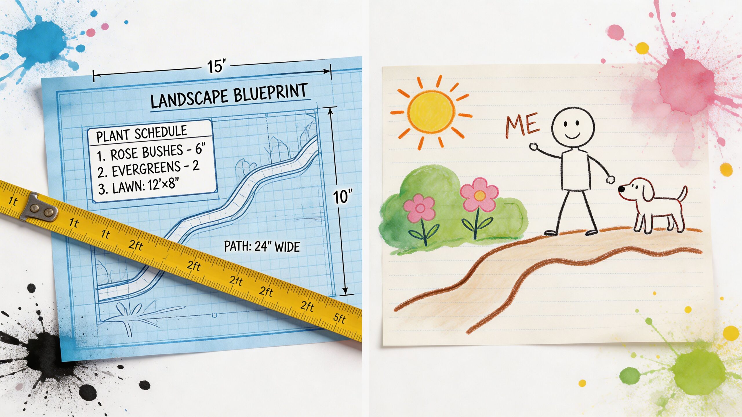 A split image showing a landscape blueprint plan on the left and a colorful stick figure drawing.