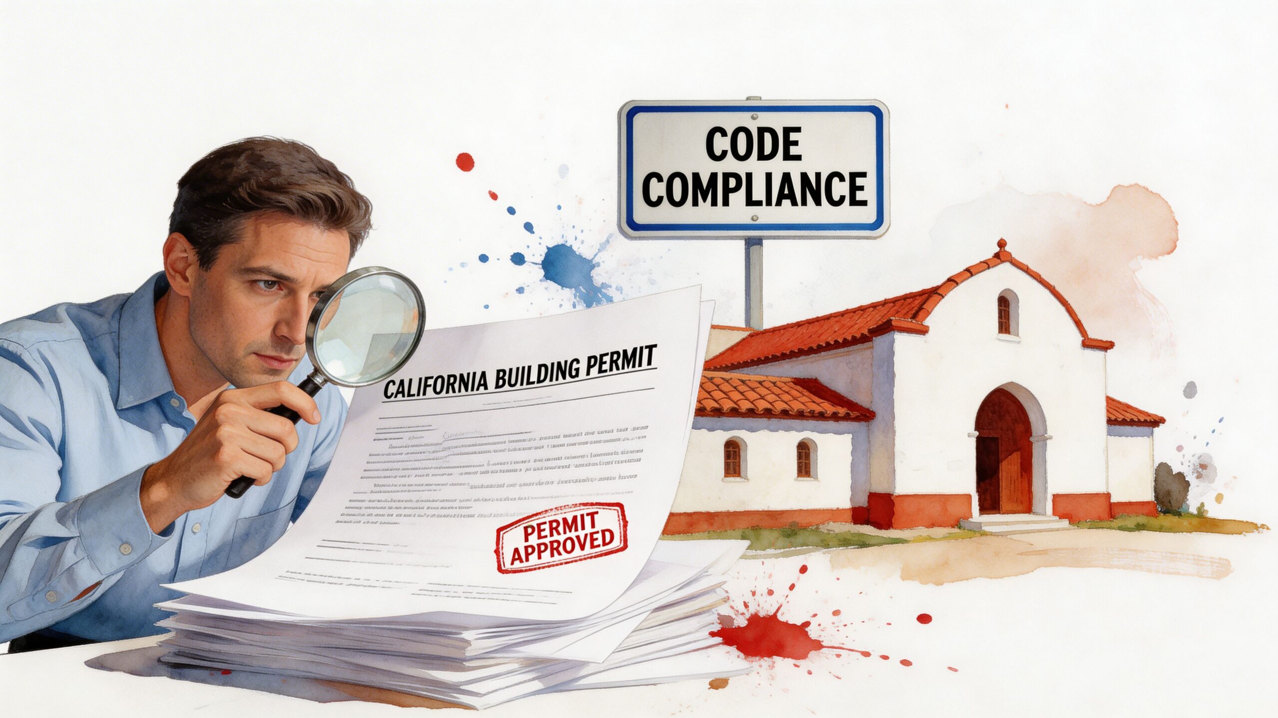 A professional man uses a magnifying glass to review a California building permit with an approved stamp.