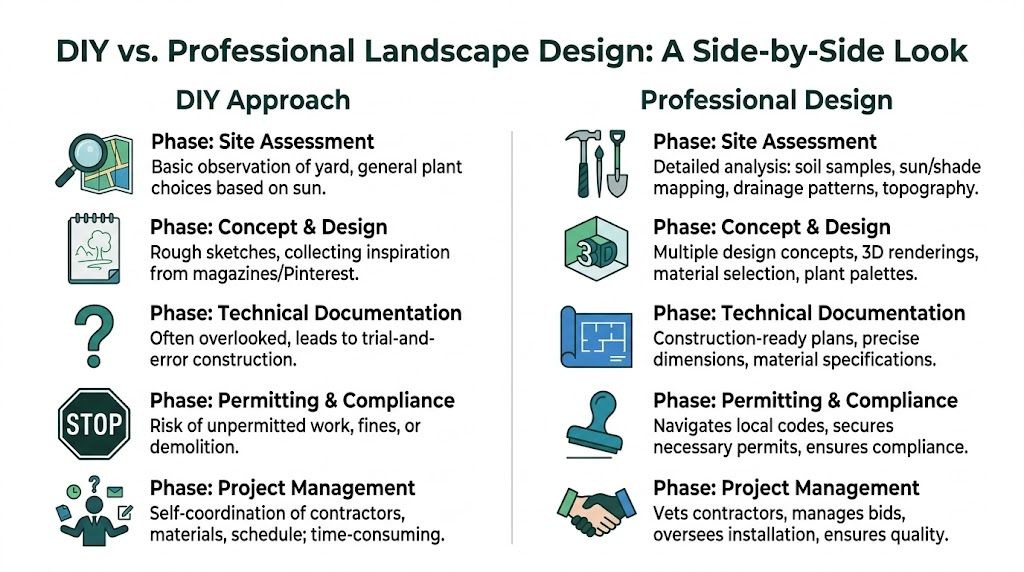 A comparison chart showing the differences between DIY and professional landscape design processes and responsibilities.