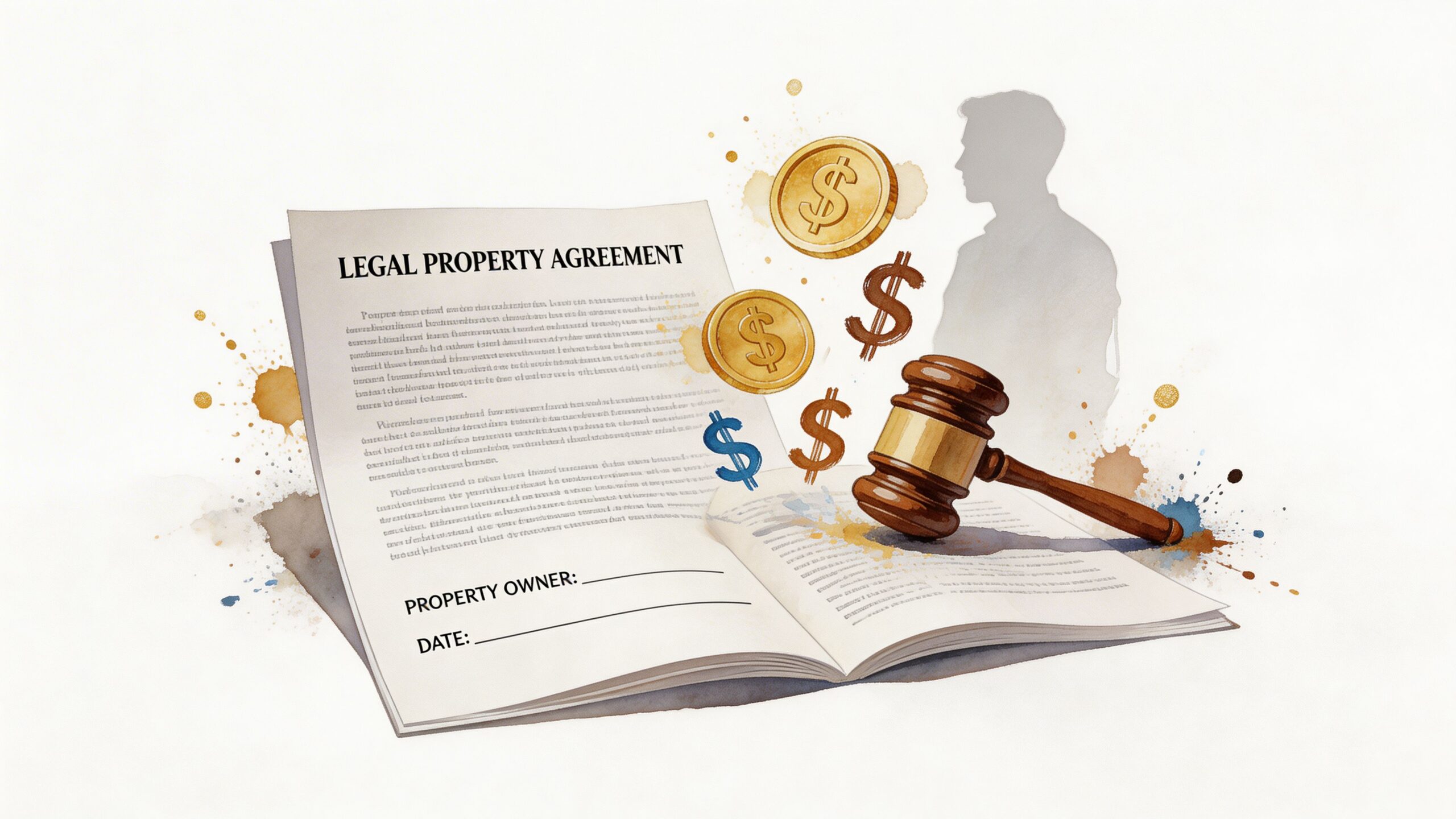 A legal property agreement document with a wooden judge gavel and gold dollar sign icons floating nearby.