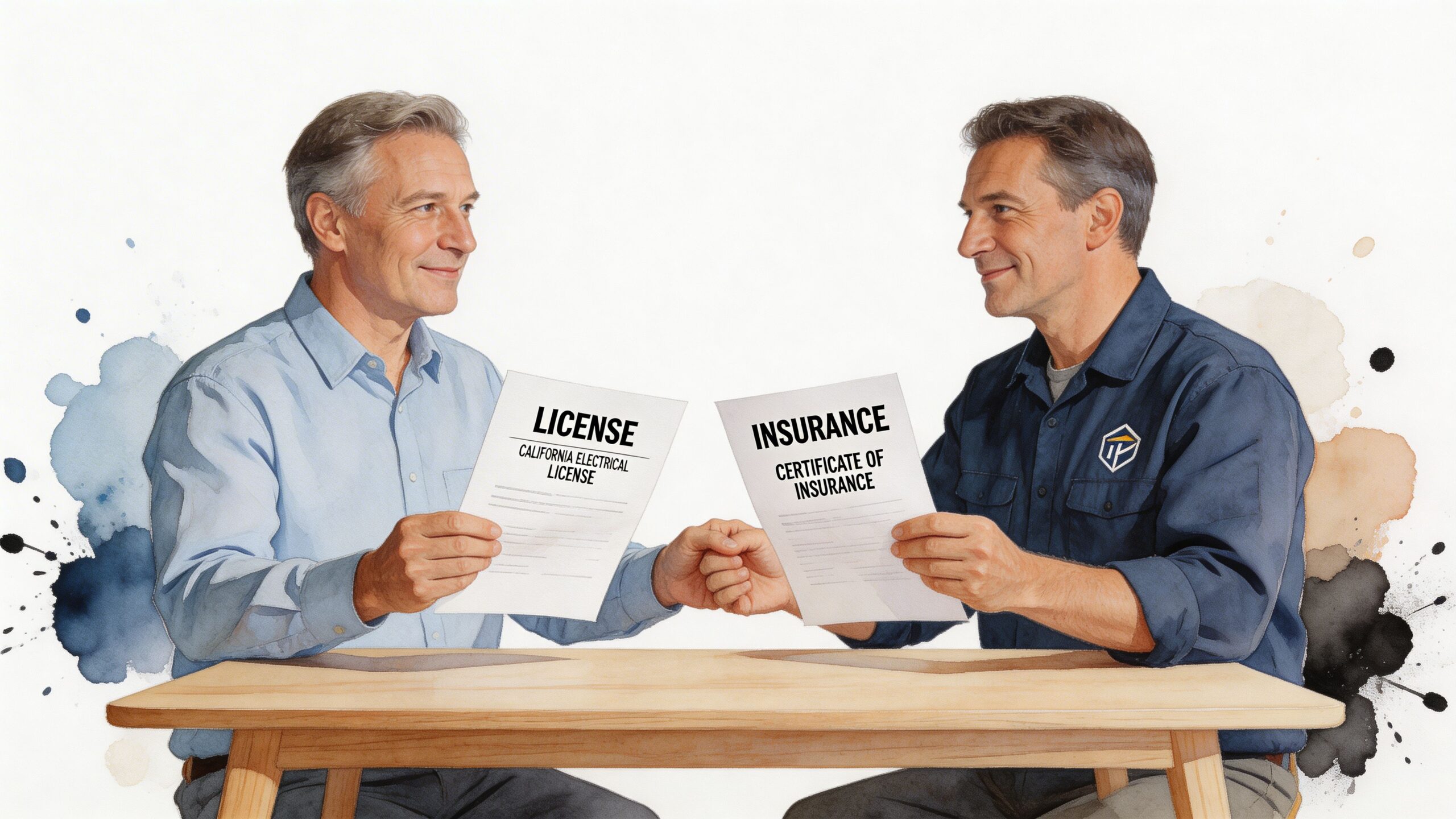 Two professional contractors holding documents showing California electrical license and certificate of insurance at a table.