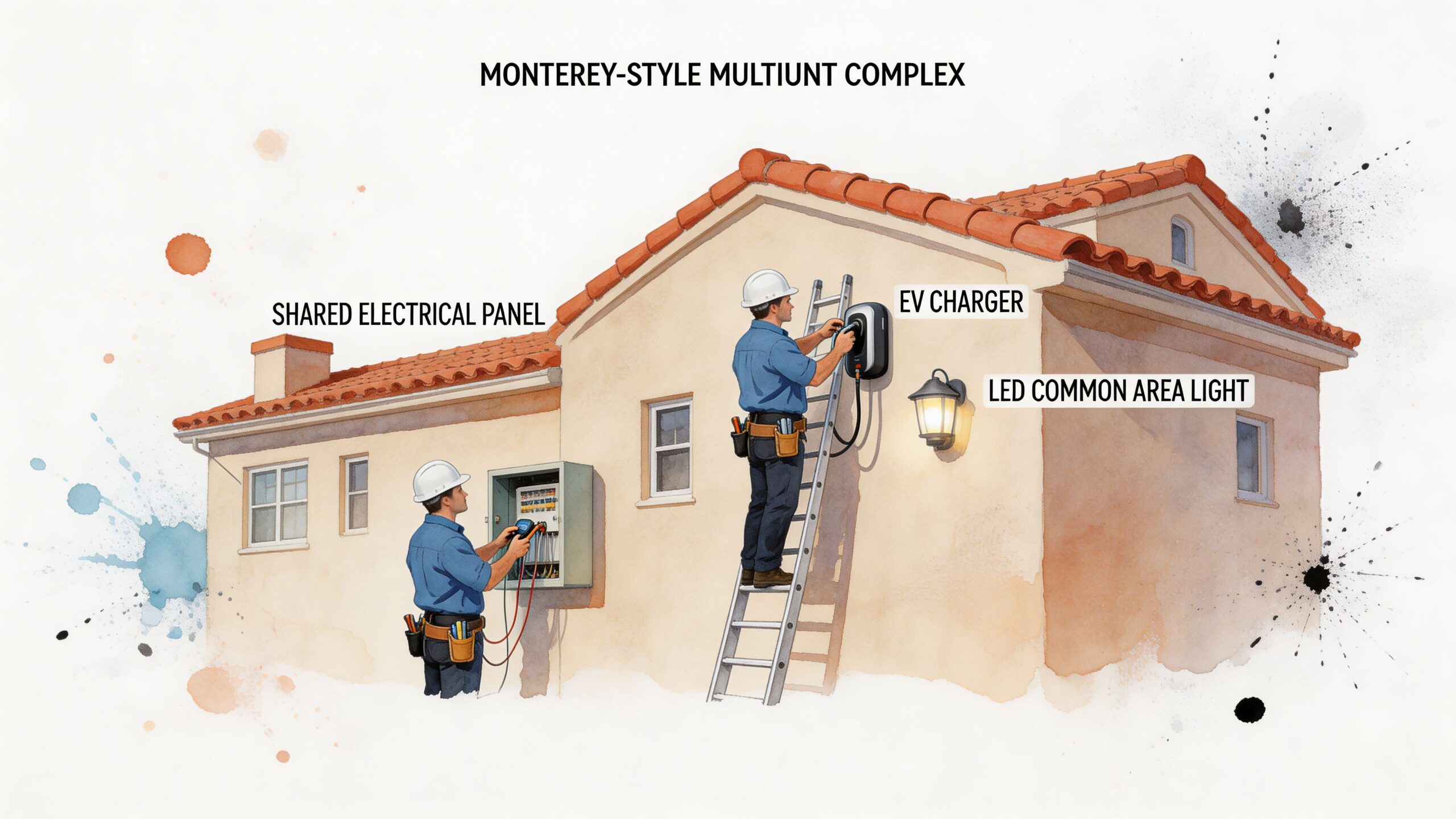 Two technicians installing and testing an electric vehicle charger on the exterior of a multi-unit Monterey-style building.