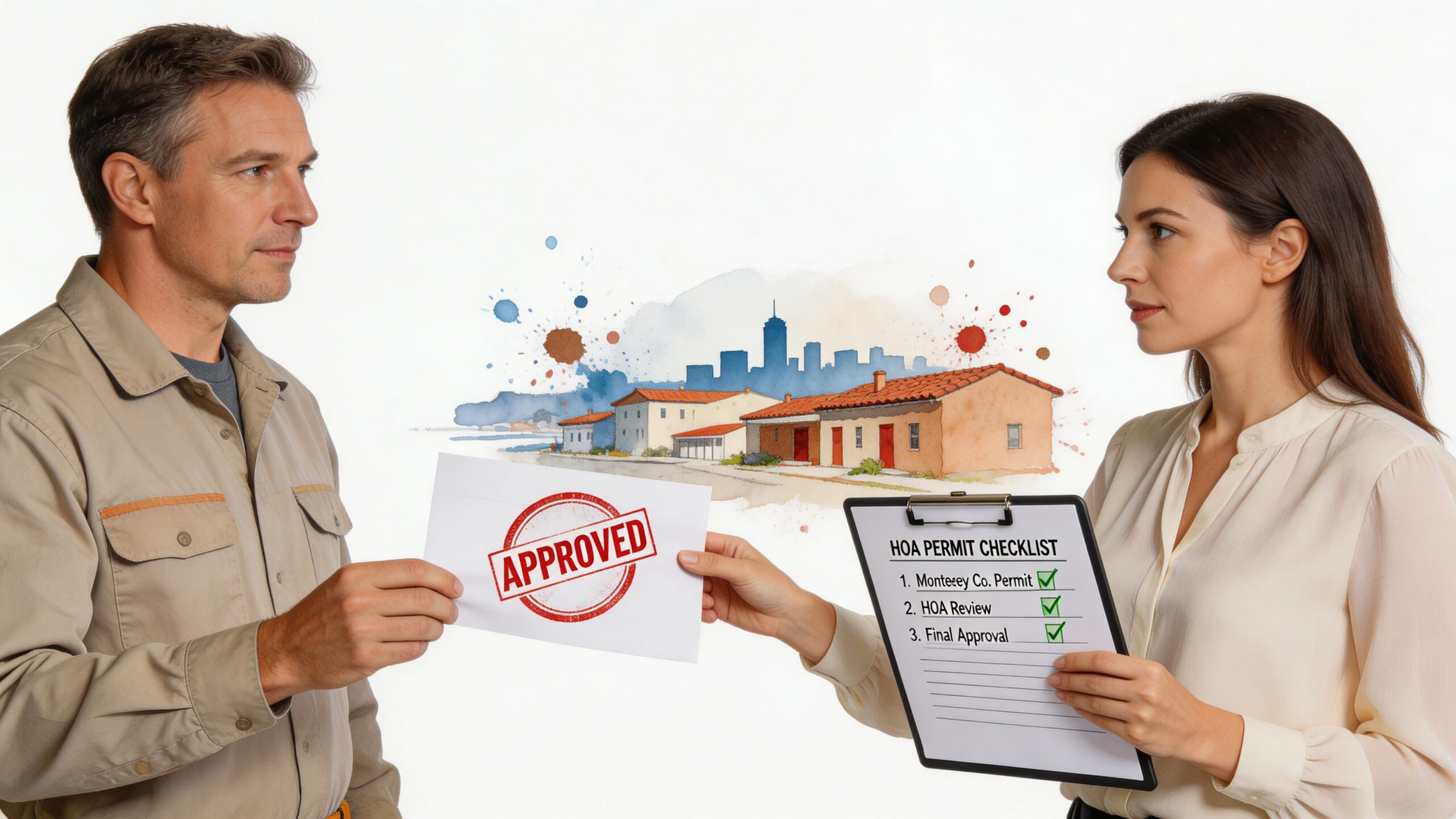 A professional contractor and a representative reviewing an approved HOA permit checklist for property construction projects.