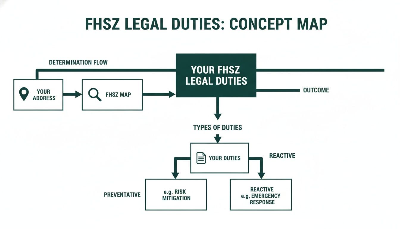 A concept map illustrating FHSZ legal duties, showing determination flow, types of duties, and examples.