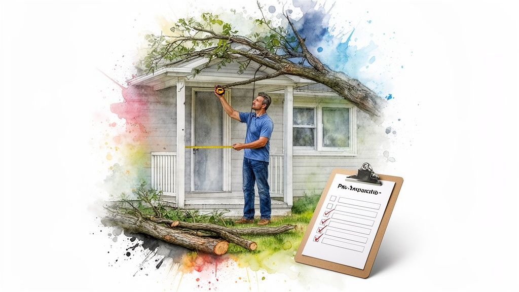 Homeowner assessing property damage from a fallen tree branch with a tape measure and checklist.