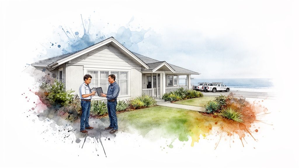 Two men discuss a laptop outside a coastal home, with utility trucks nearby.