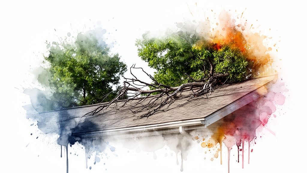 A large tree branch has fallen onto the roof of a house, causing potential damage, depicted with a watercolor effect.