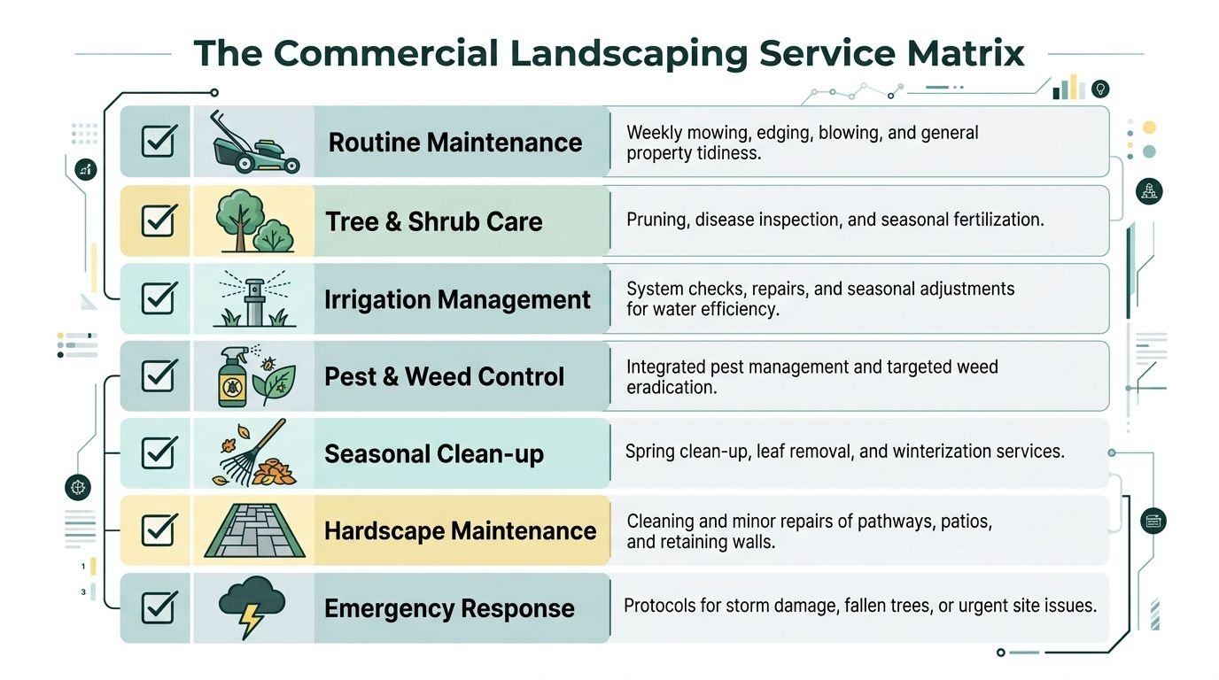 A service matrix infographic detailing various commercial landscaping offerings like maintenance, irrigation, and emergency response services.