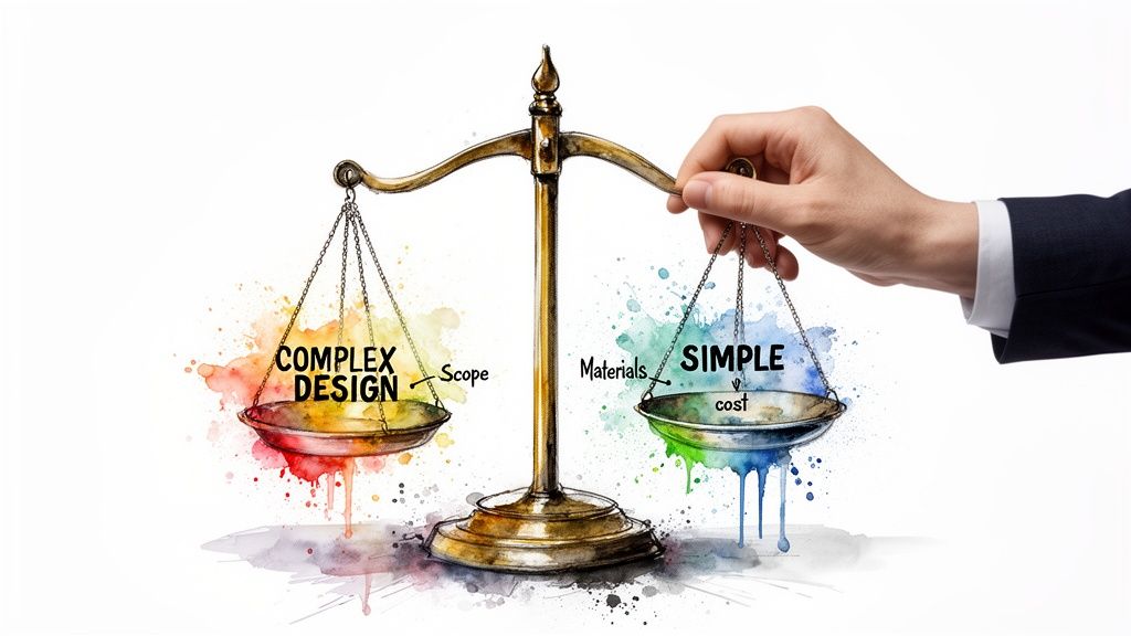 A hand balances a scale featuring complex design on one side and simple materials and cost on the other.