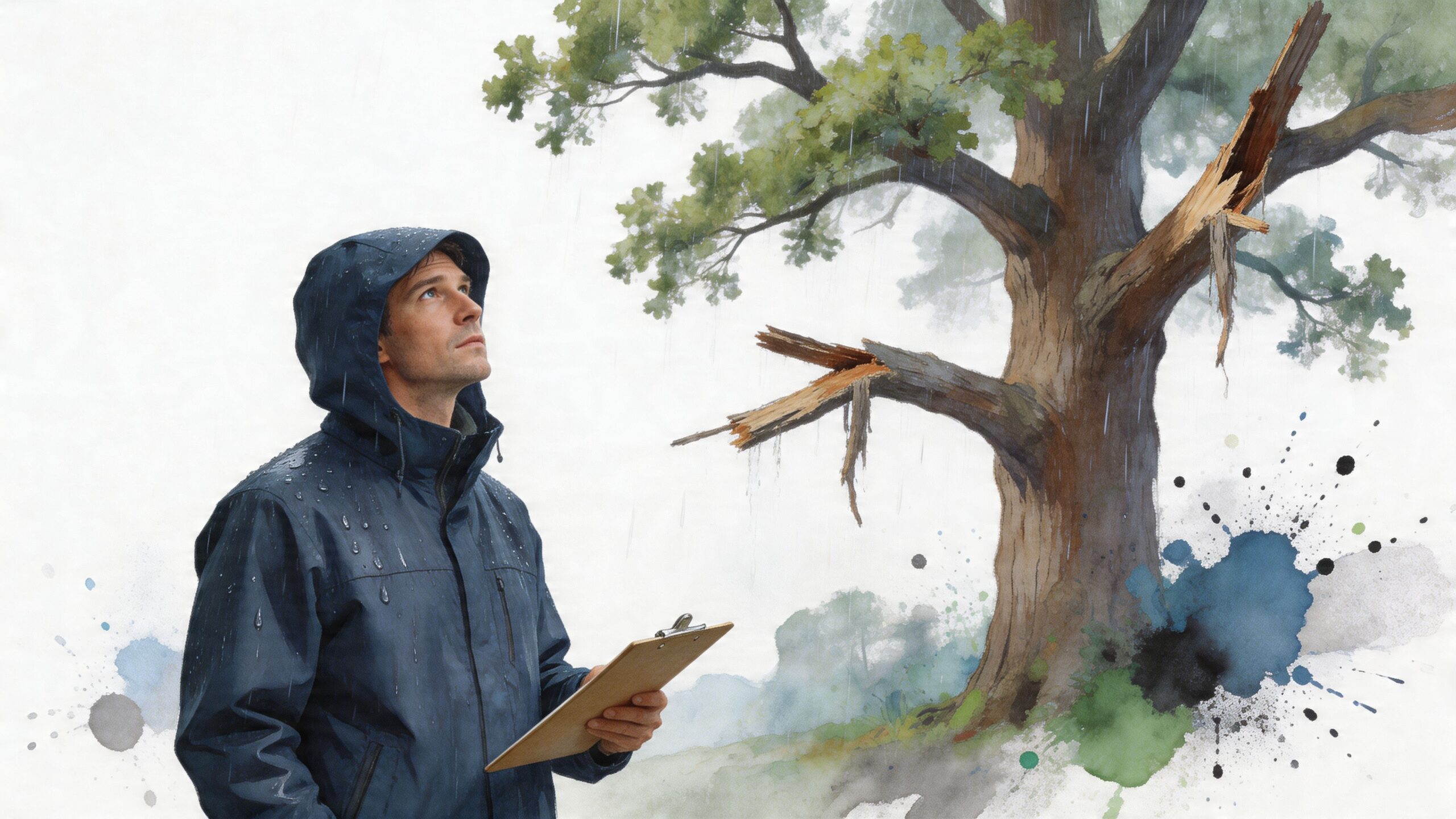 A professional arborist in a raincoat inspecting a tree with broken branches during a rainstorm.