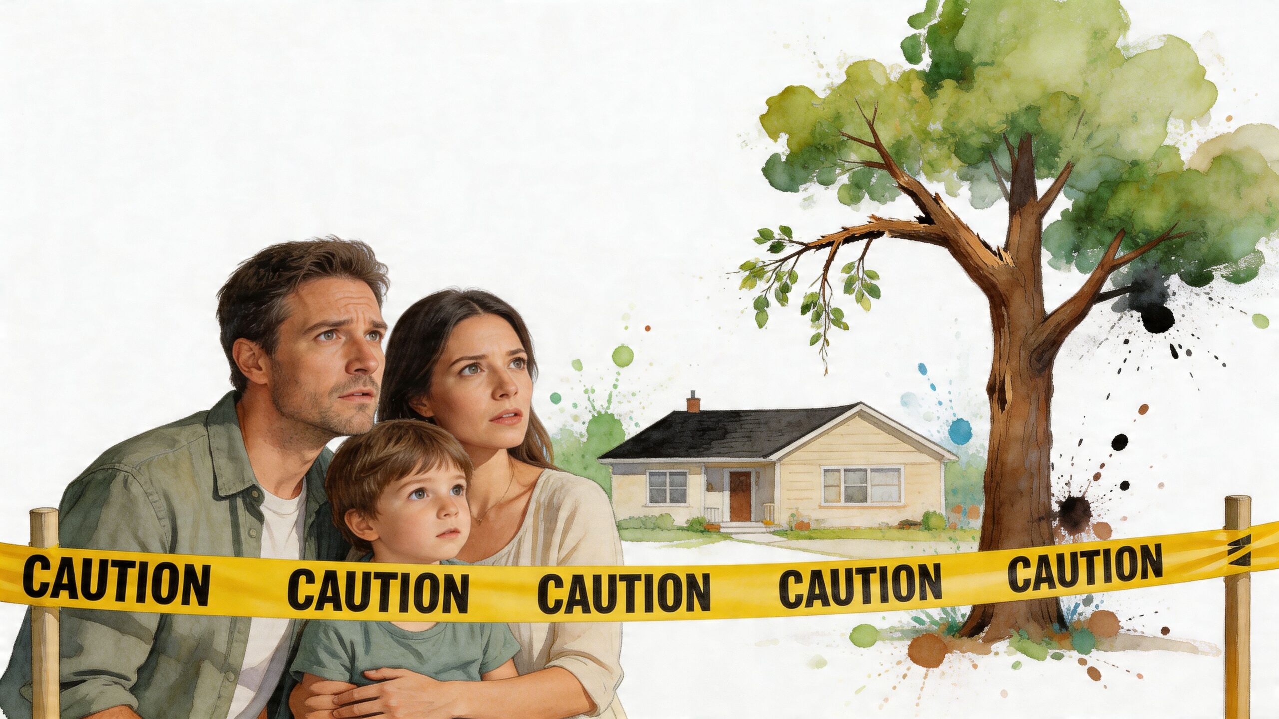A concerned family standing behind yellow caution tape near a large, damaged tree by their home.