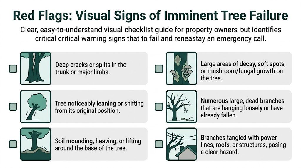 A visual checklist infographic titled Red Flags illustrating six warning signs of imminent tree failure.