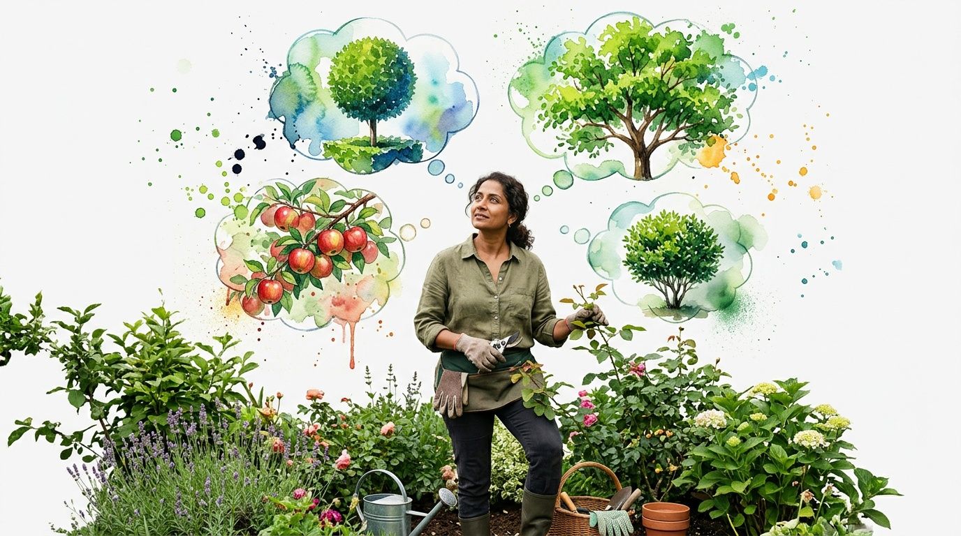 A female gardener pruning roses while dreaming of different types of trees and fruit in her garden.