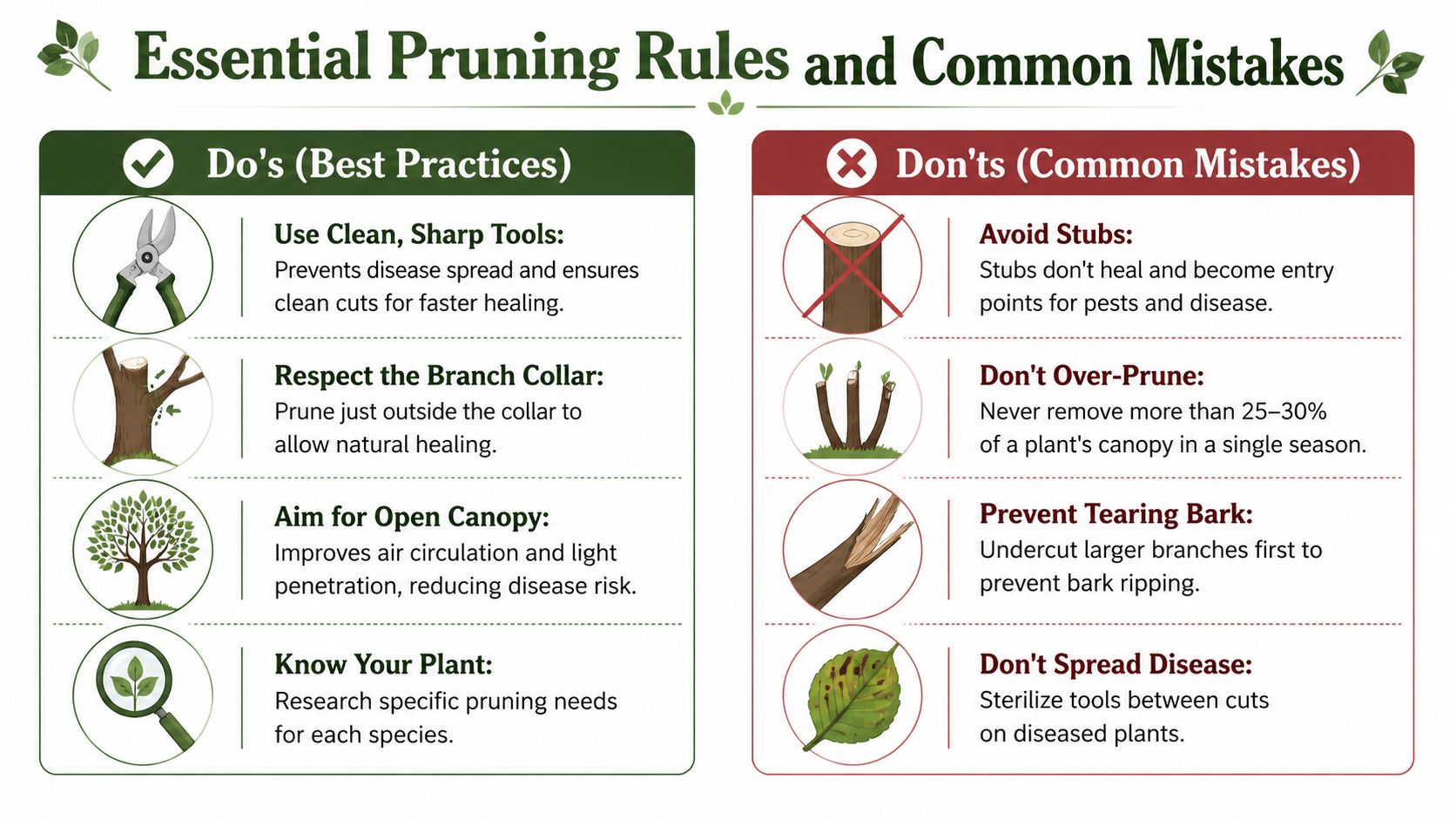 An infographic titled Essential Pruning Rules and Common Mistakes illustrating best practices and errors for garden maintenance.