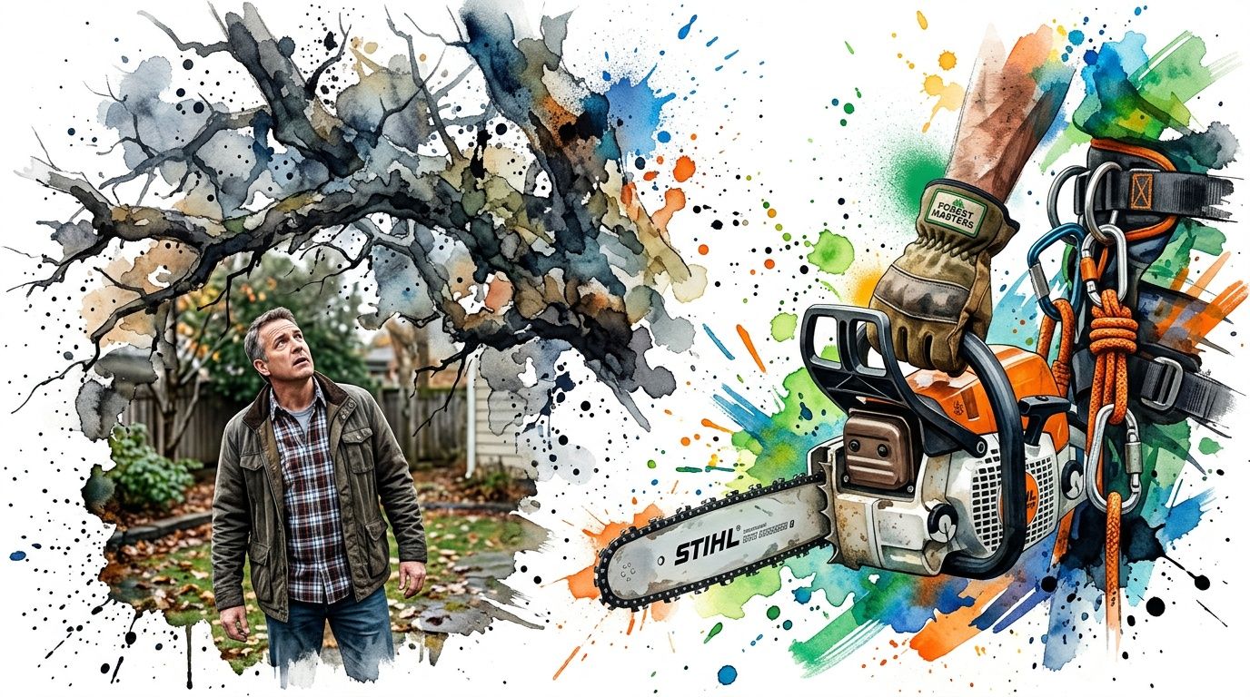 A man looks up at a tree while an arborist holds a chainsaw with climbing gear nearby.