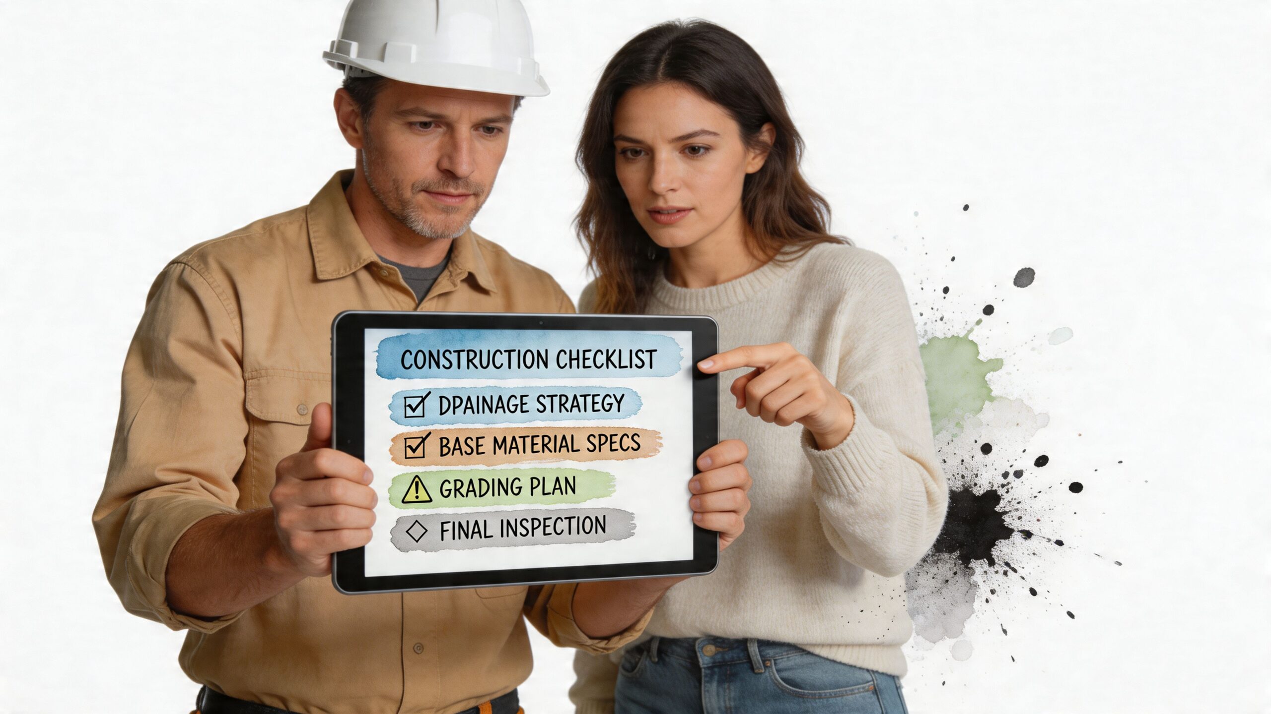 A construction manager and a woman reviewing a digital construction checklist on a tablet screen together.