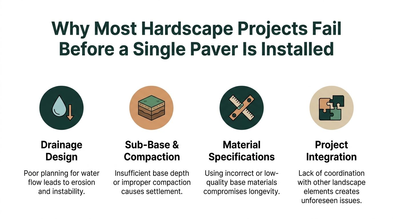 An infographic detailing four primary reasons why hardscape projects fail during the critical planning and preparation phase.