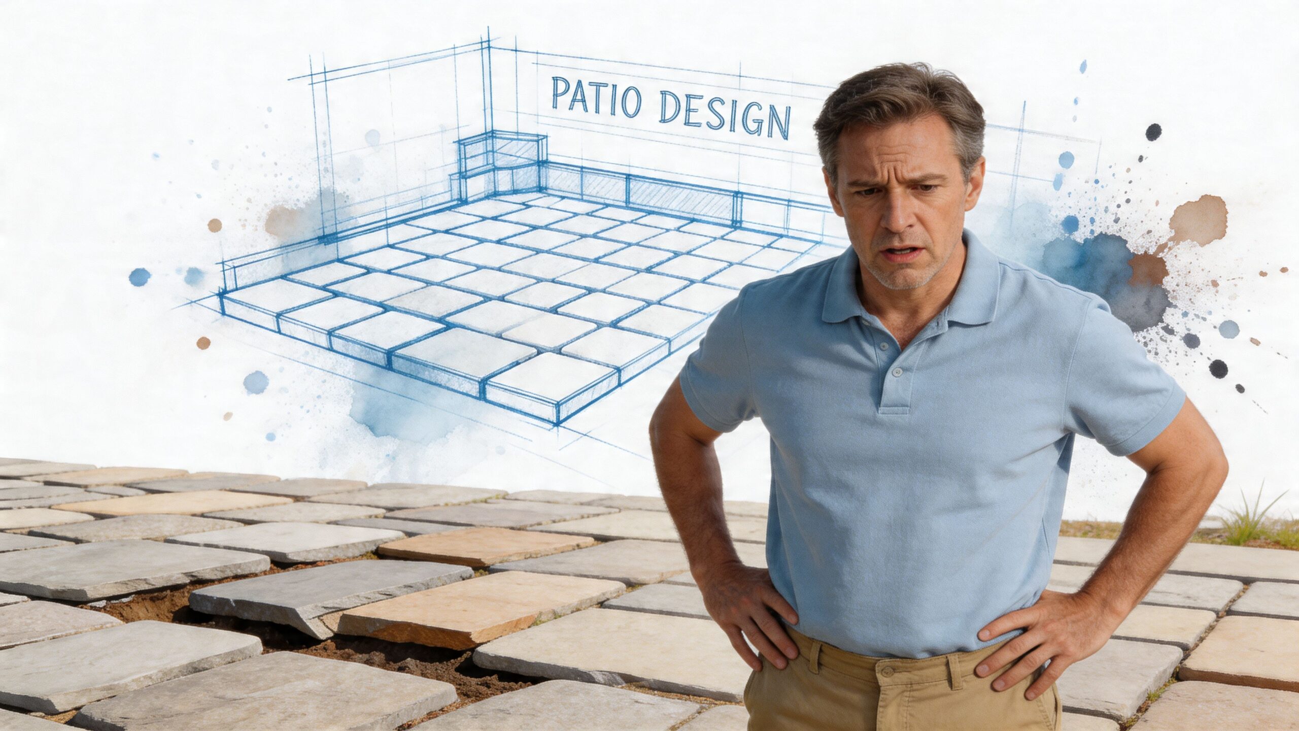 A concerned man stands over an unfinished stone patio project, overlaid with a technical blueprint drawing.