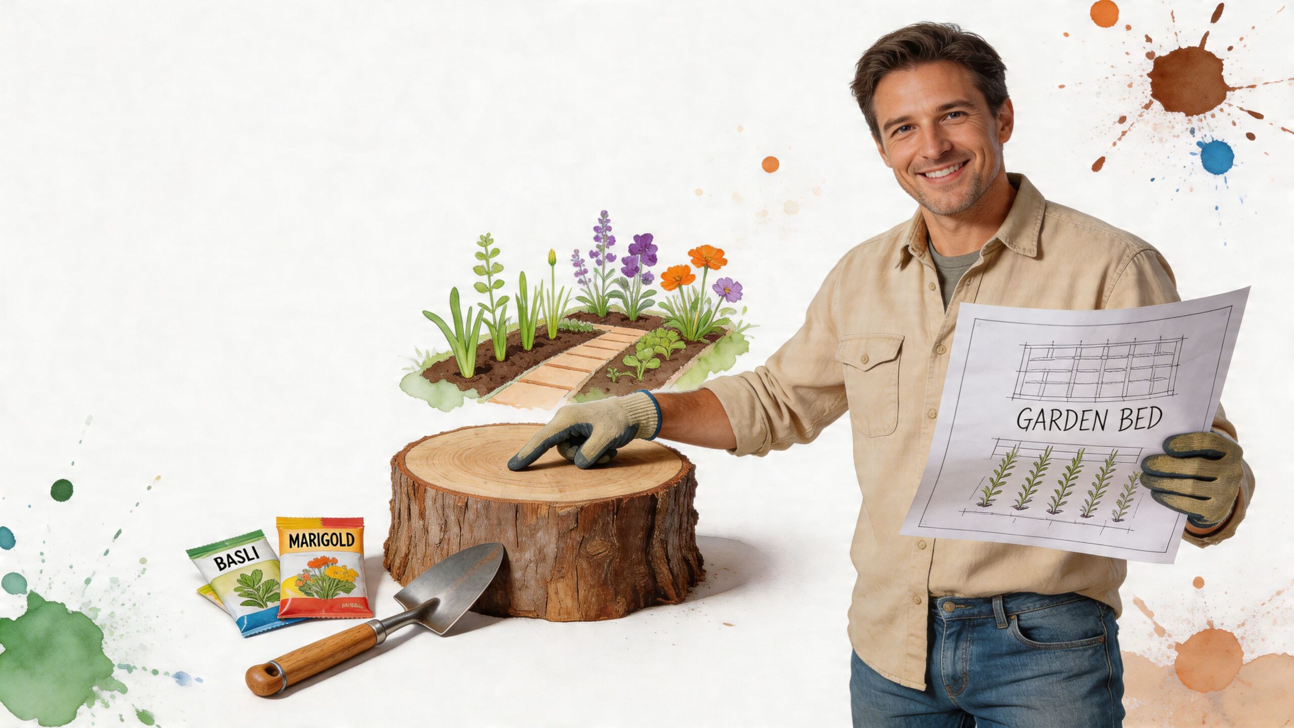 A smiling gardener points to a tree stump while holding a garden bed design plan.