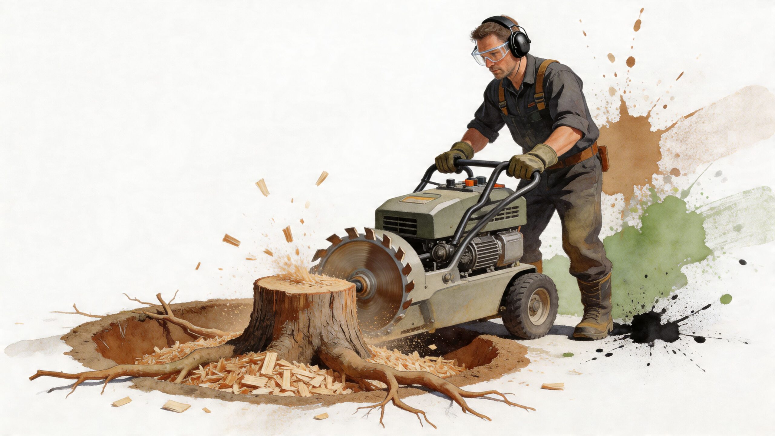 A professional landscaper operates a stump grinding machine to remove a tree stump from a yard.