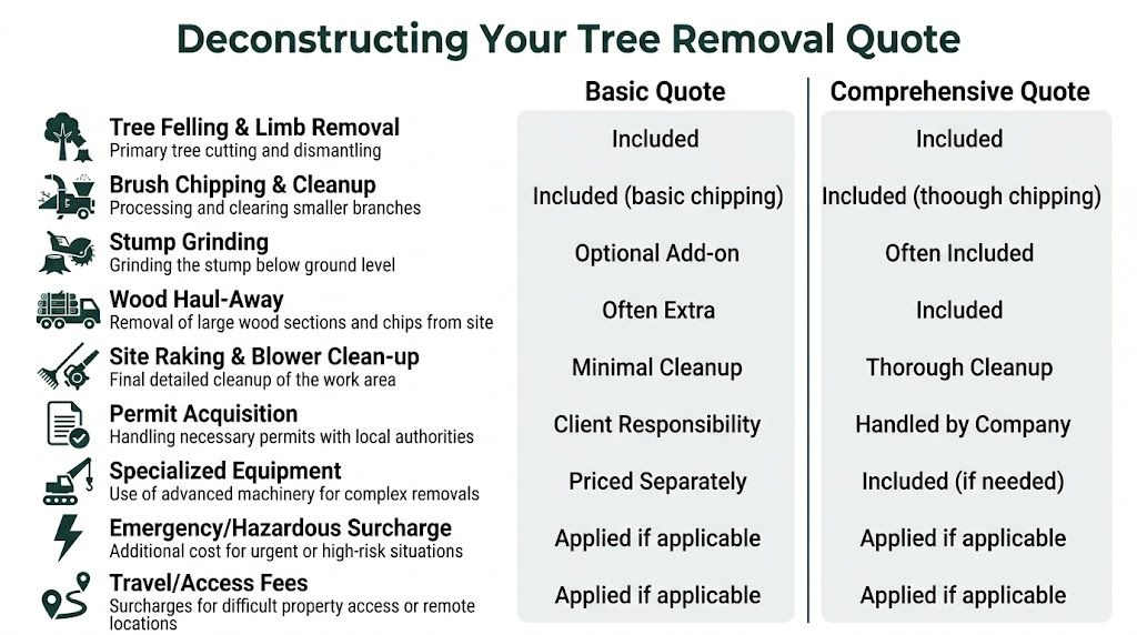 A comparison chart outlining the differences between basic and comprehensive tree removal services and cost factors.